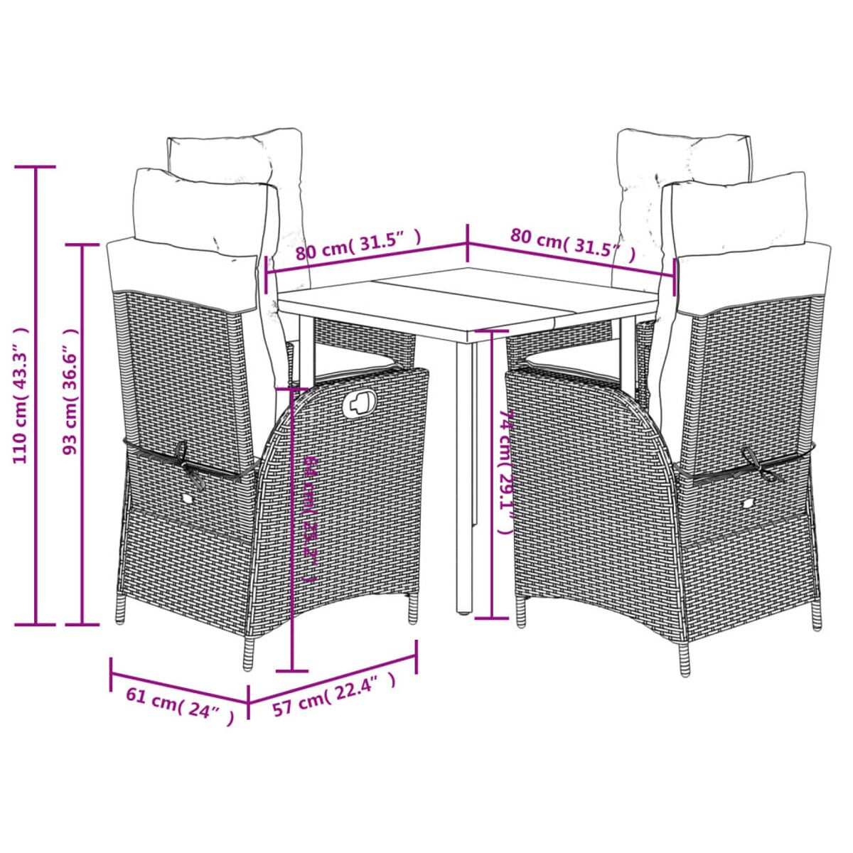 Set di tavolo e sedie. Dimensioni indicate. Sedie e tavolo in rattan. Sfondo bianco.