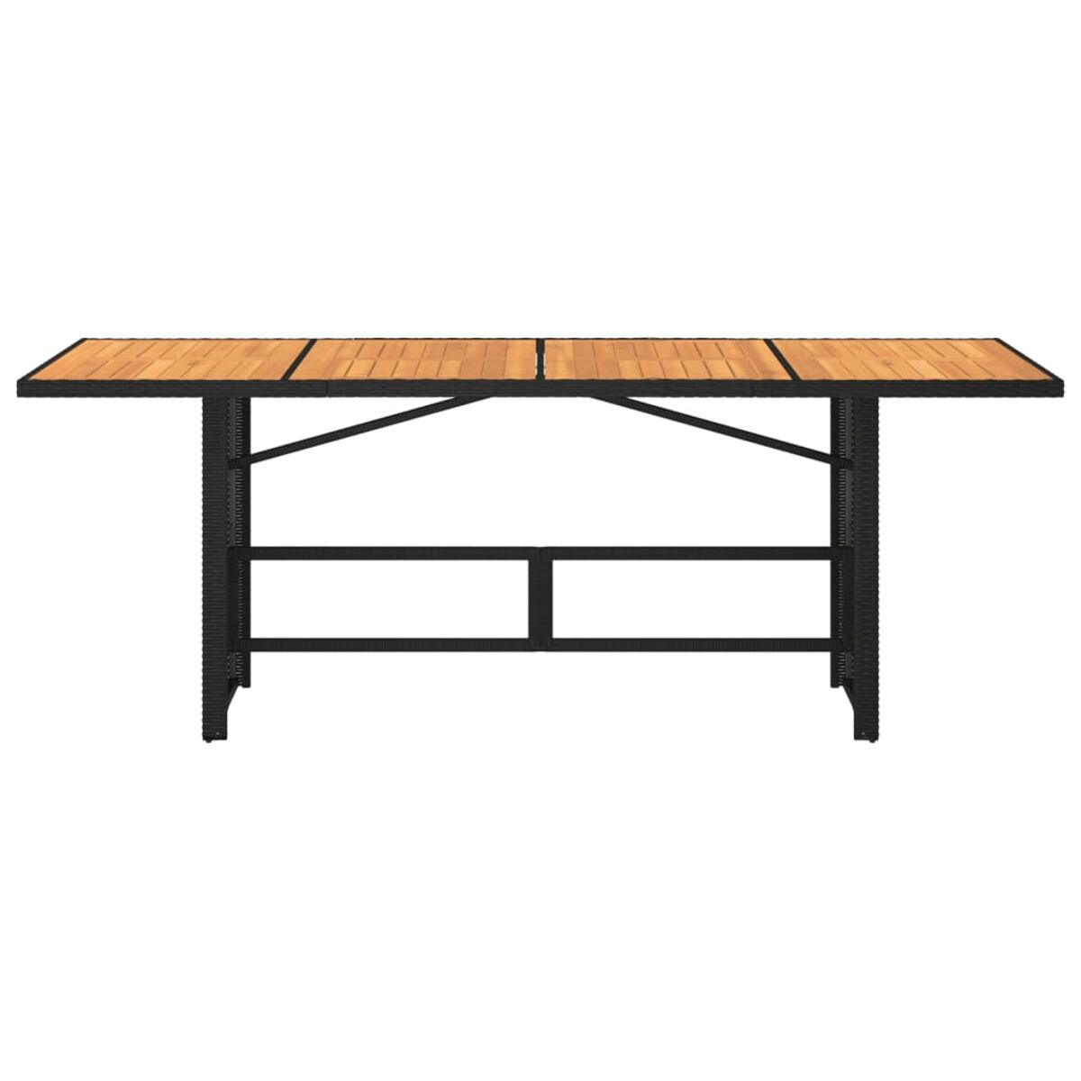 Un tavolo rettangolare da esterno con piano in legno e telaio nero.