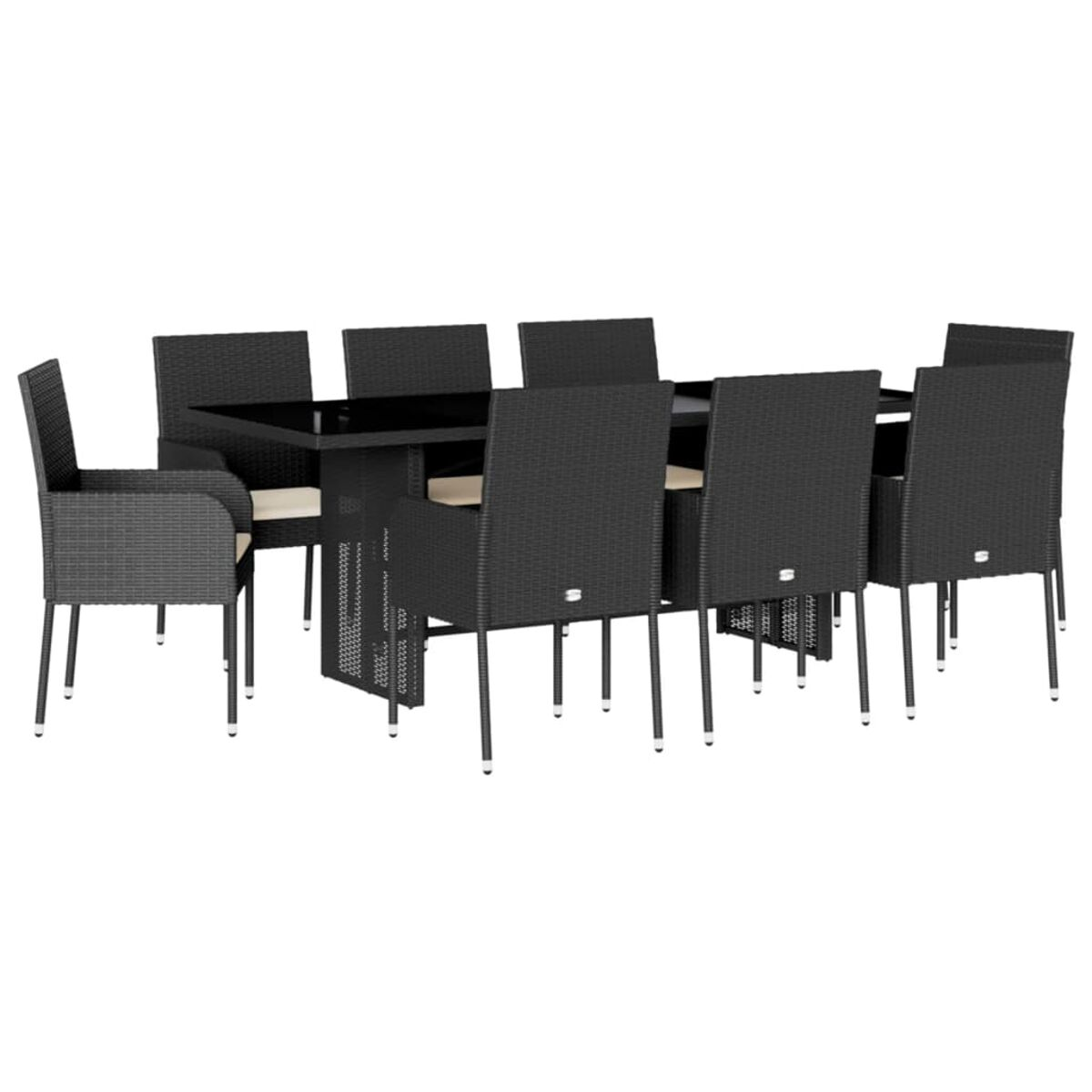 Schwarze Essgruppe mit Tisch und acht Stühlen. Beige Kissen auf Stühlen.