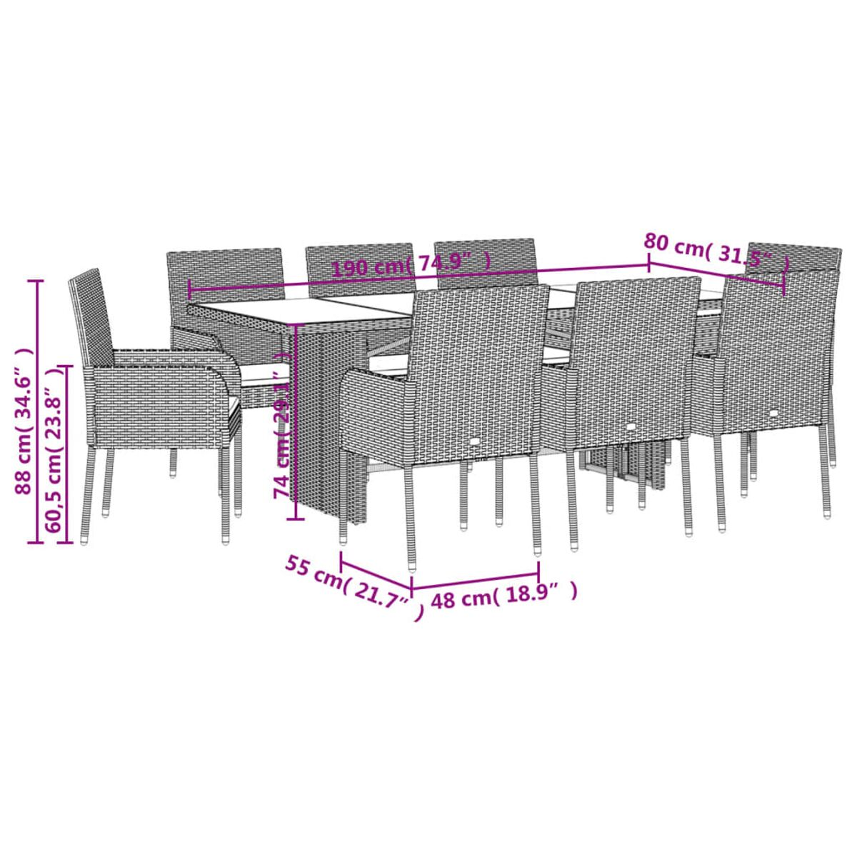 Wicker Essgruppe, beinhaltet einen Tisch und Stühle, mit angegebenen Maßen.