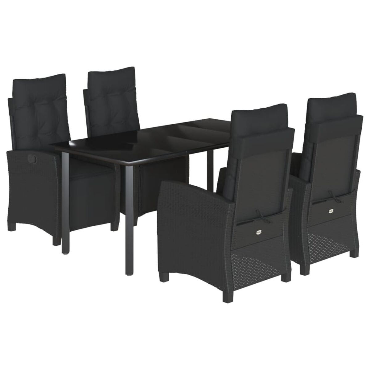 Schwarzes Ess-Set für den Außenbereich mit Tisch und Stühlen. Schwarze Kissen auf den Stühlen.