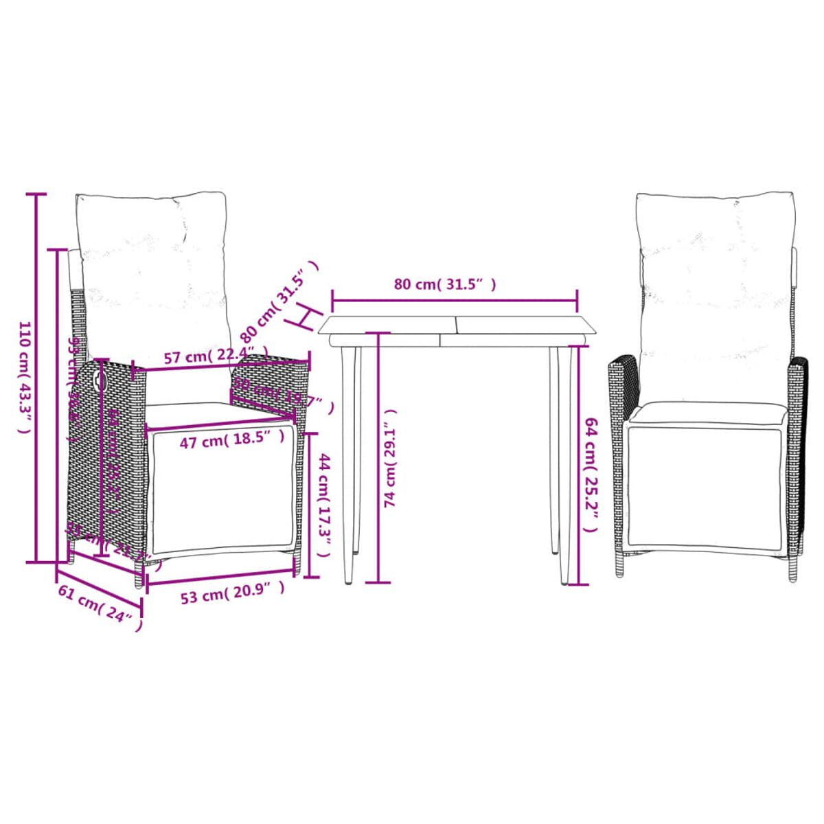 Set da pranzo per esterni con tavolo e sedie, con dimensioni.