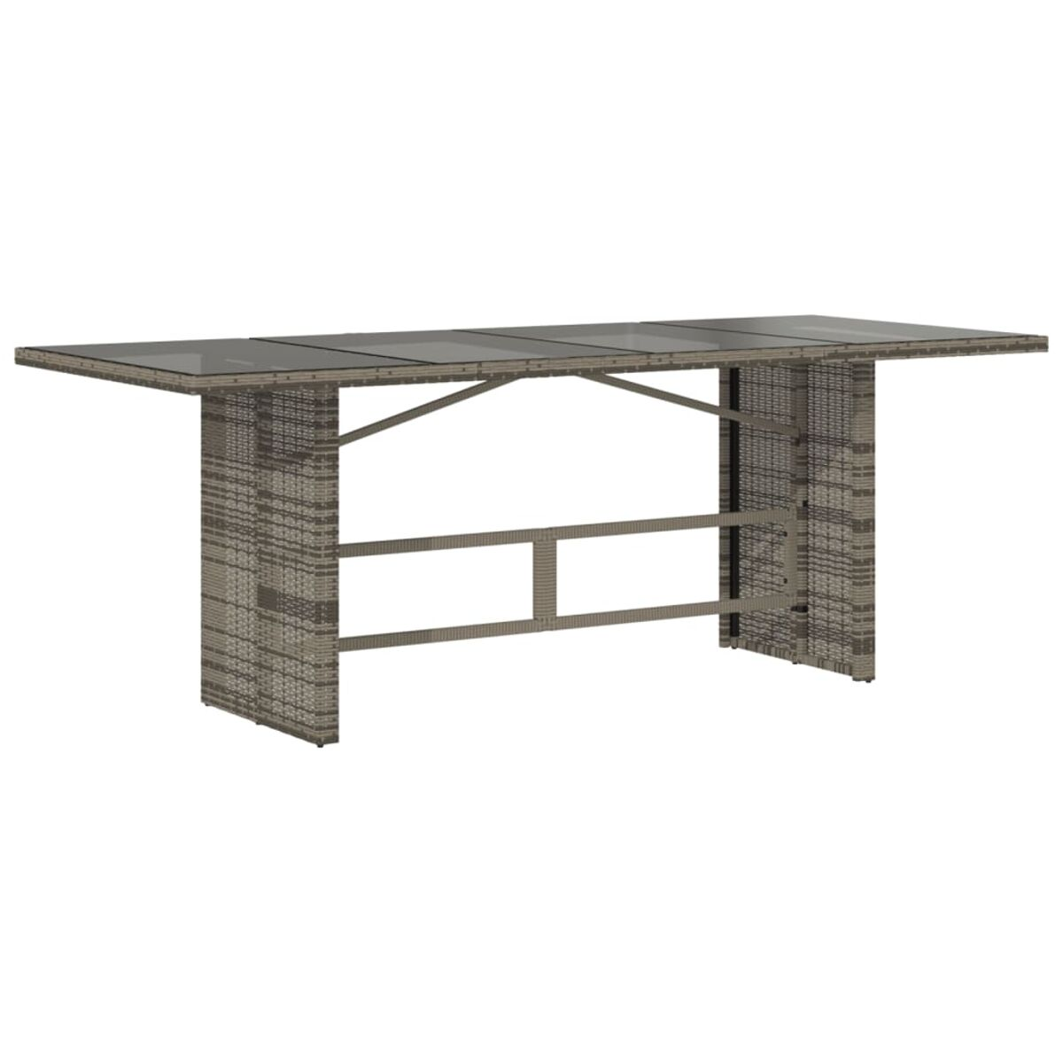 Rattan-Bartisch mit Glasplatte. Es gibt Metallstützen und eine untere Fußstütze.