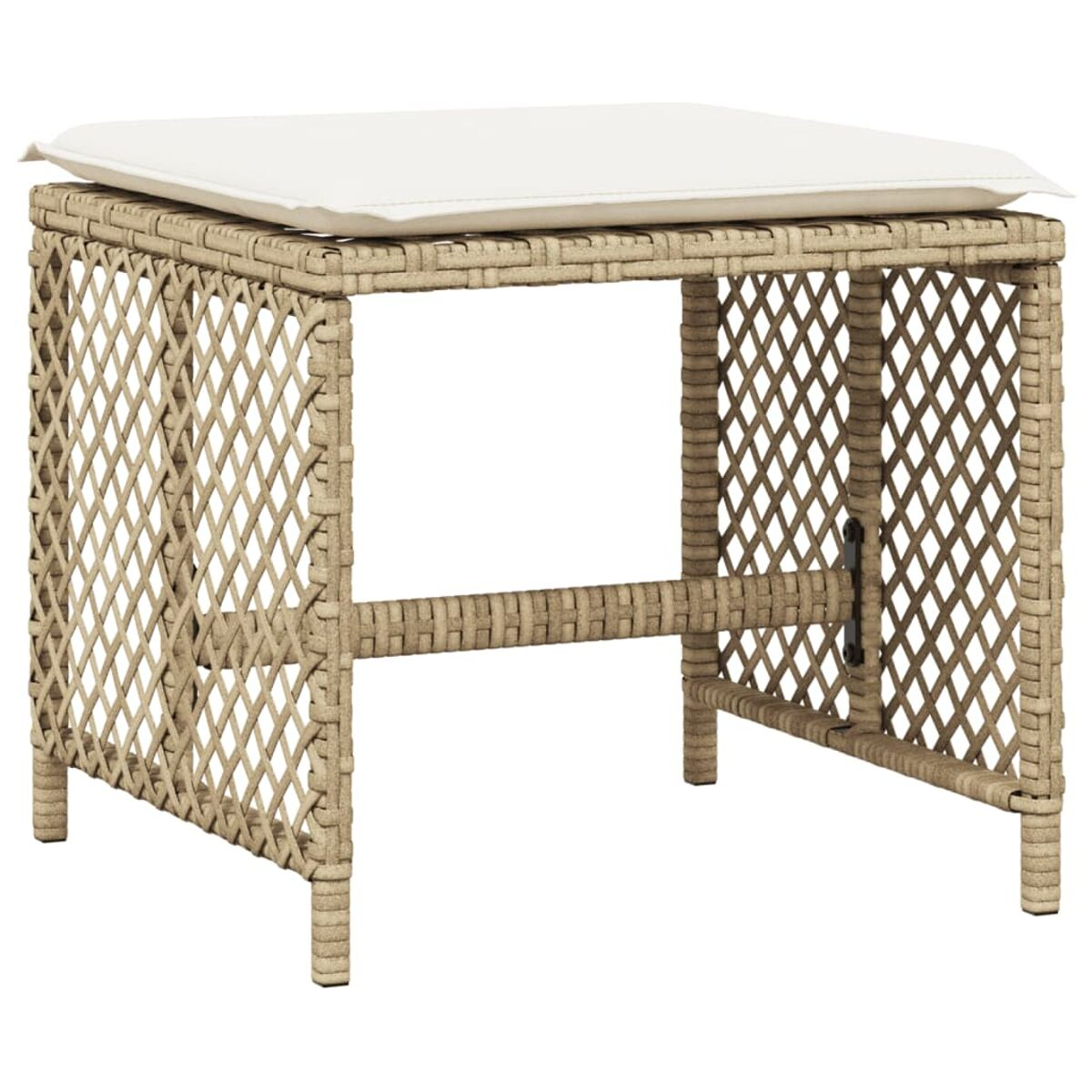 Gewebter Hocker mit Holzplatte. Beiges Material, quadratische Form und schwarze Füße.