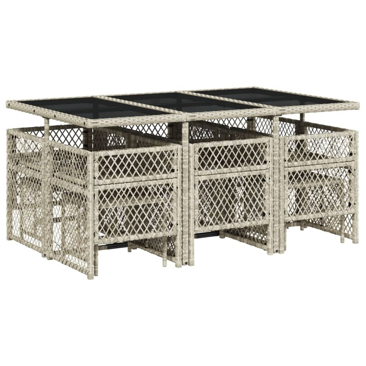 Set da pranzo all'aperto con tavolo e sei sedie, ciascuna con design intrecciato. Beige.