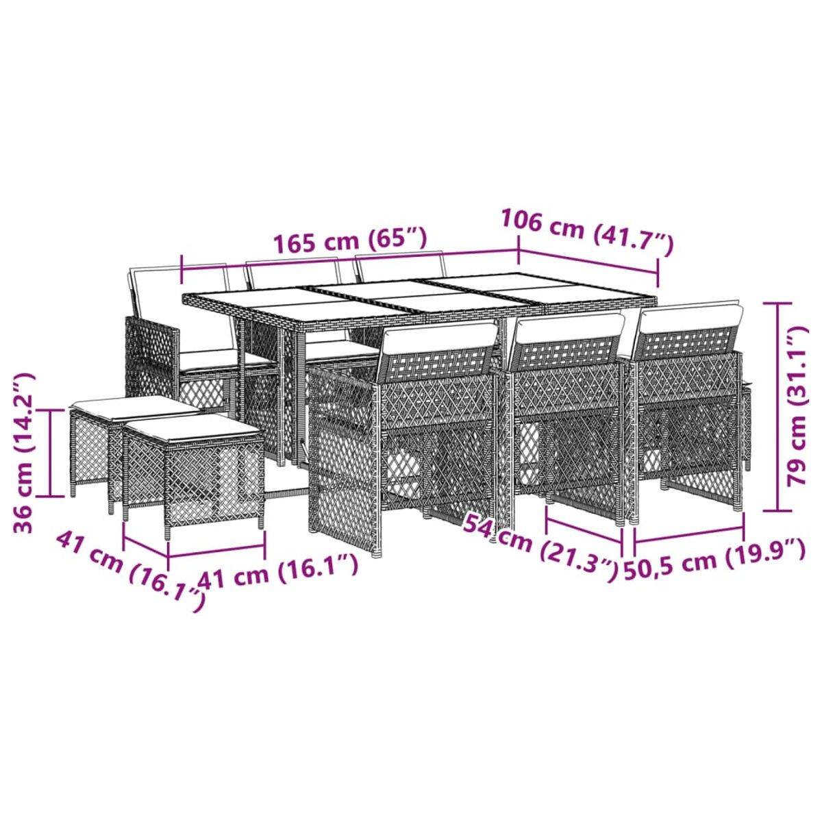 Dimensioni del set da pranzo all'aperto, tavolo con sedie e dimensioni in cm e pollici.