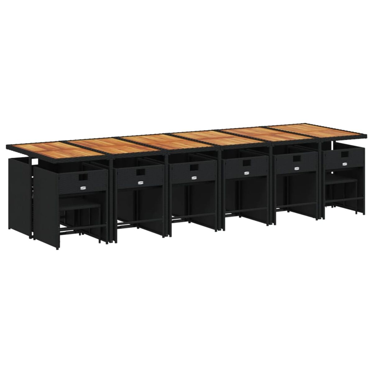 Ein langer Tisch mit sechs schwarzen Aufbewahrungseinheiten mit Holzplatten.