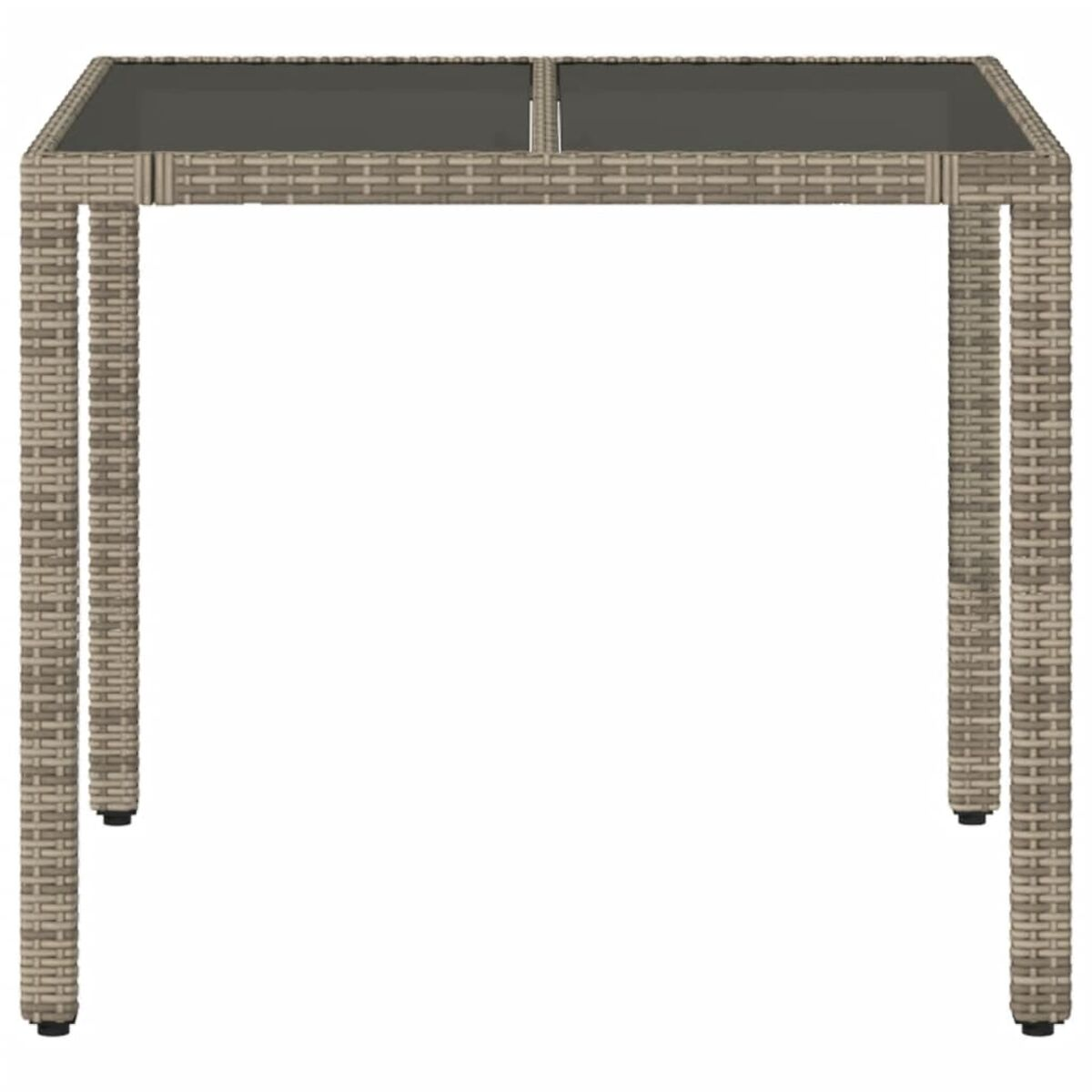 Ein quadratischer, grauer Korbtisch mit dunkler Glasplatte, auf weißem Hintergrund platziert.