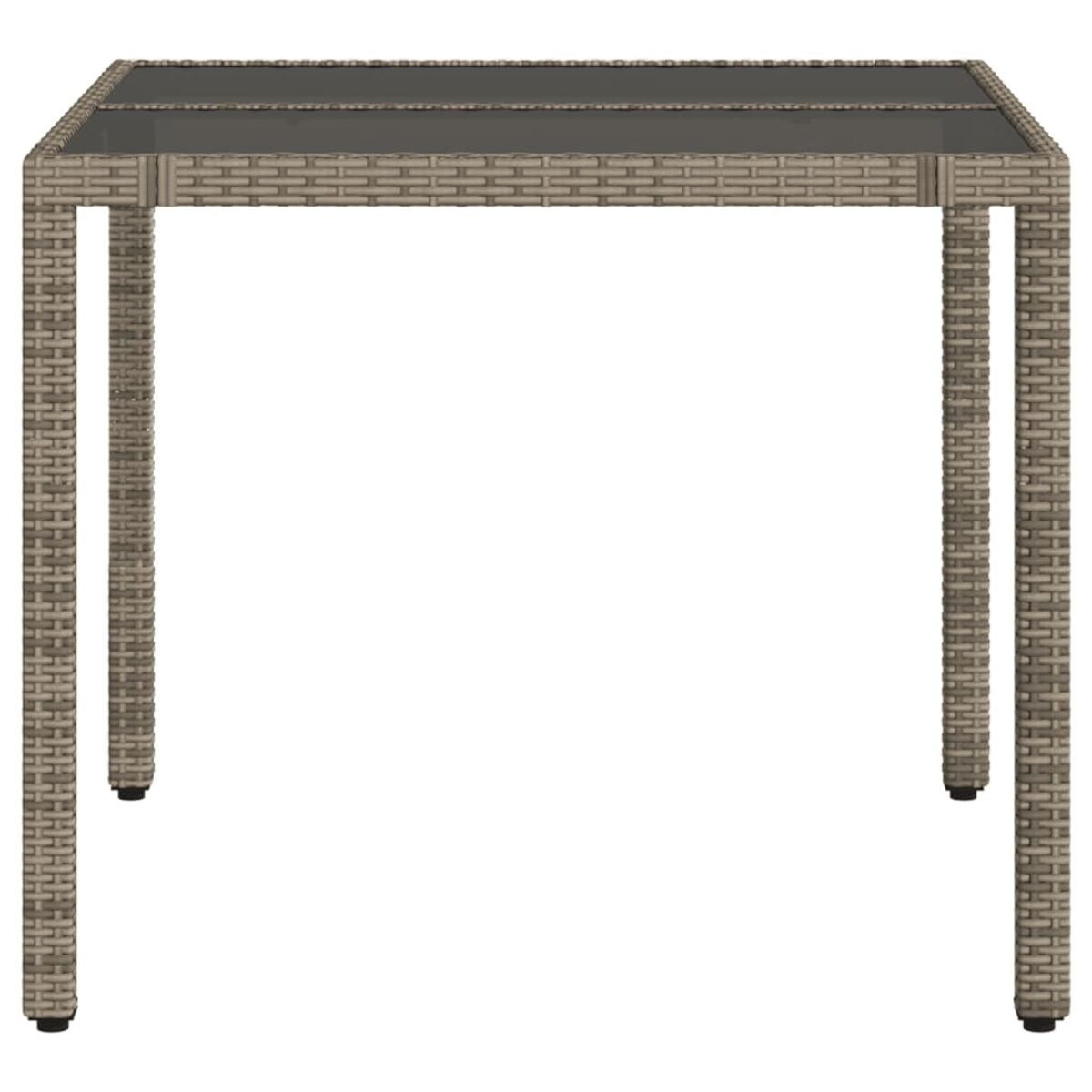 Rattan-Esstisch für den Außenbereich mit Glasplatte. Weißer Hintergrund.