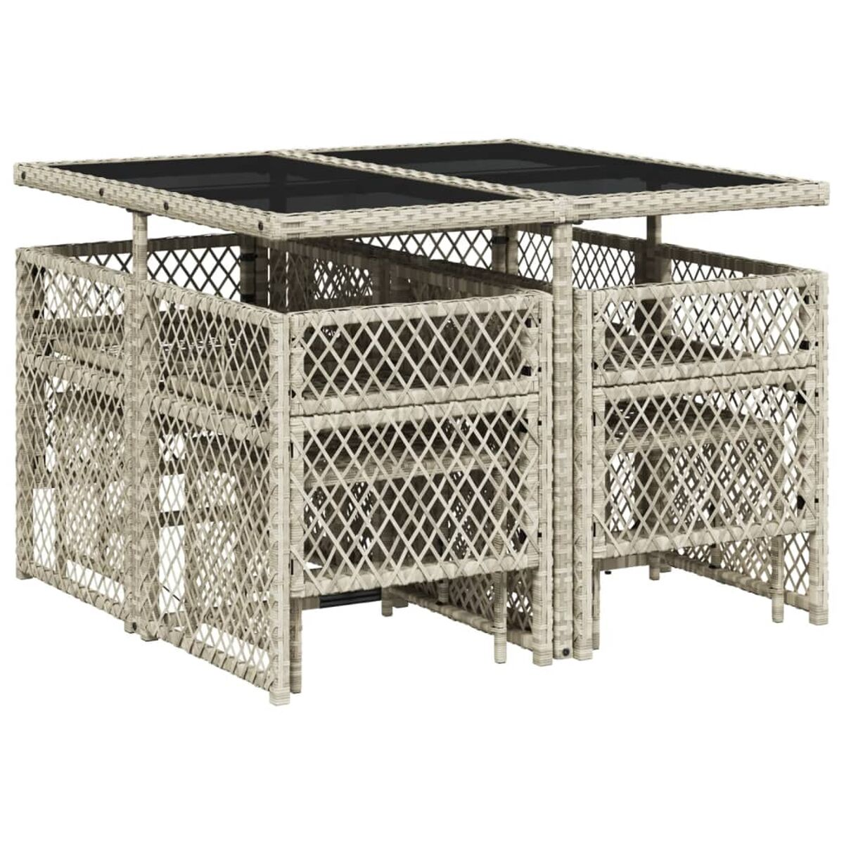 Un set da pranzo intrecciato per esterni con un tavolo quadrato e quattro sedie.