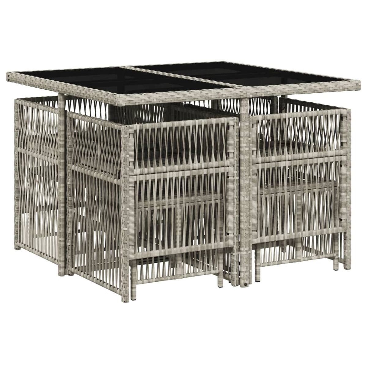 Set da pranzo quadrato in vimini per esterni con piano in vetro nero e quattro sedie. Vimini grigio.