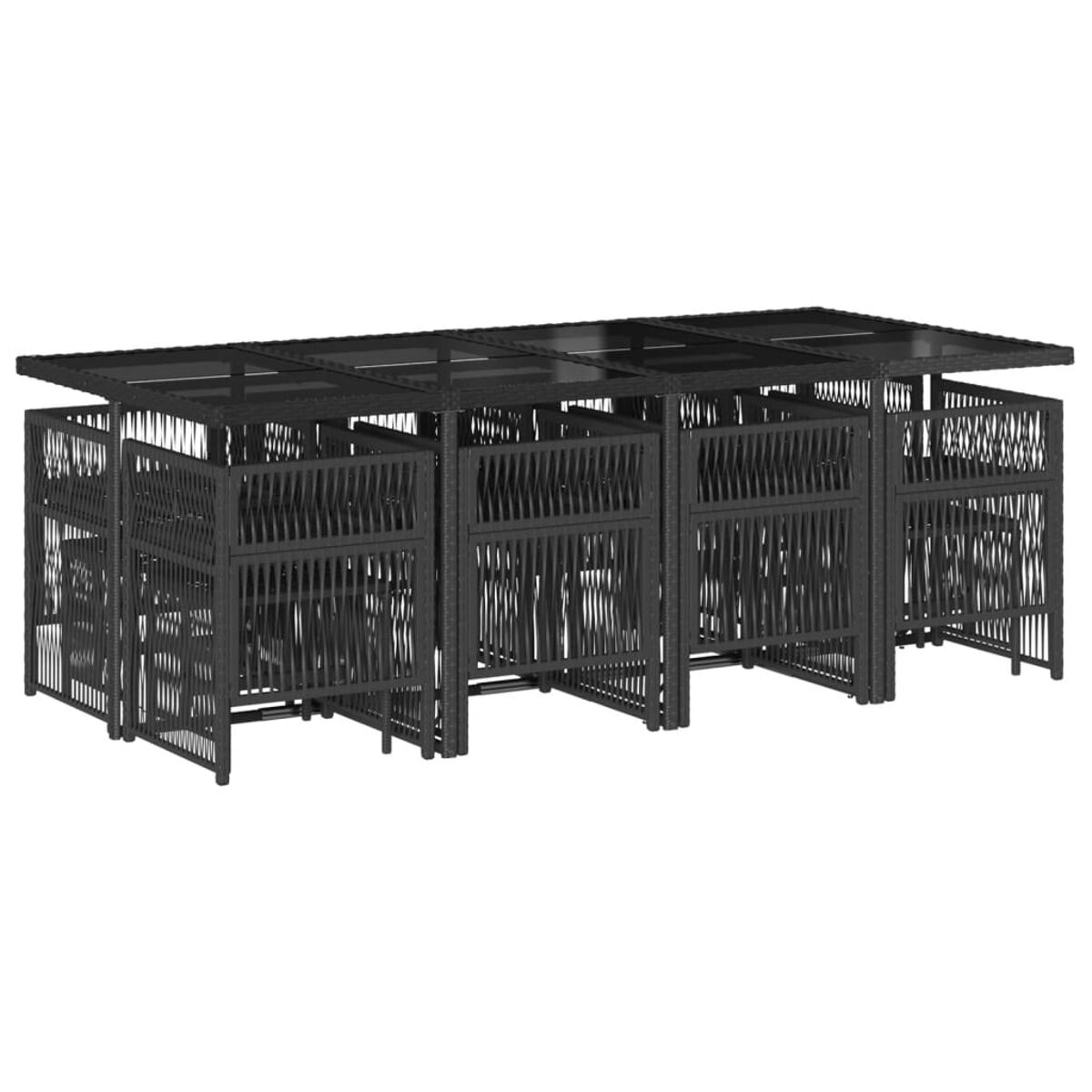 Un set da pranzo da esterno intrecciato nero. Include un tavolo rettangolare e sei sedie.