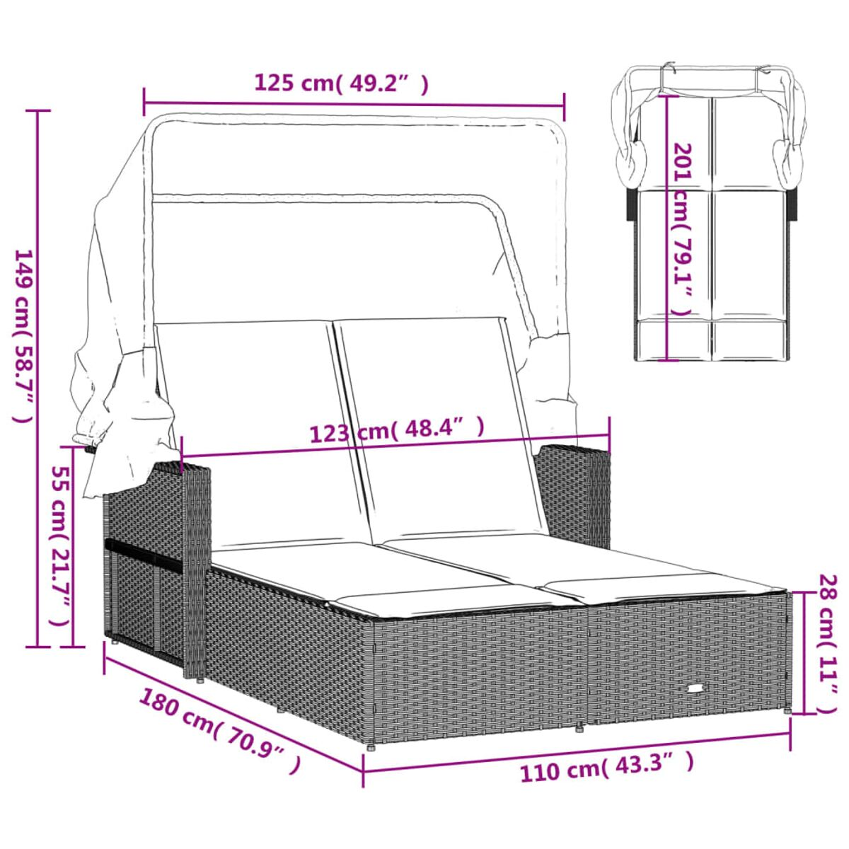 Outdoor-Tagesbett mit Baldachin, zeigt Abmessungen in Zentimetern, 180 cm Länge, 149 cm Höhe.