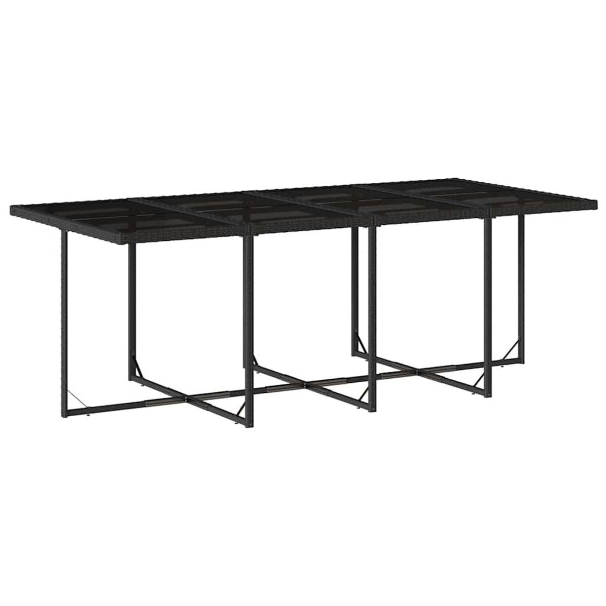 Una mesa rectangular para exteriores con tapa de cristal oscuro y marco negro.