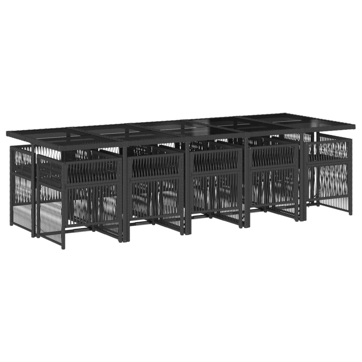 Set di mobili da esterno in metallo nero, composto da più unità collegate.