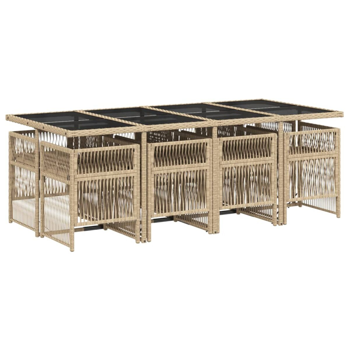 Un set da pranzo in rattan per esterni. Ha un tavolo rettangolare con otto sedie, tutto in rattan chiaro.