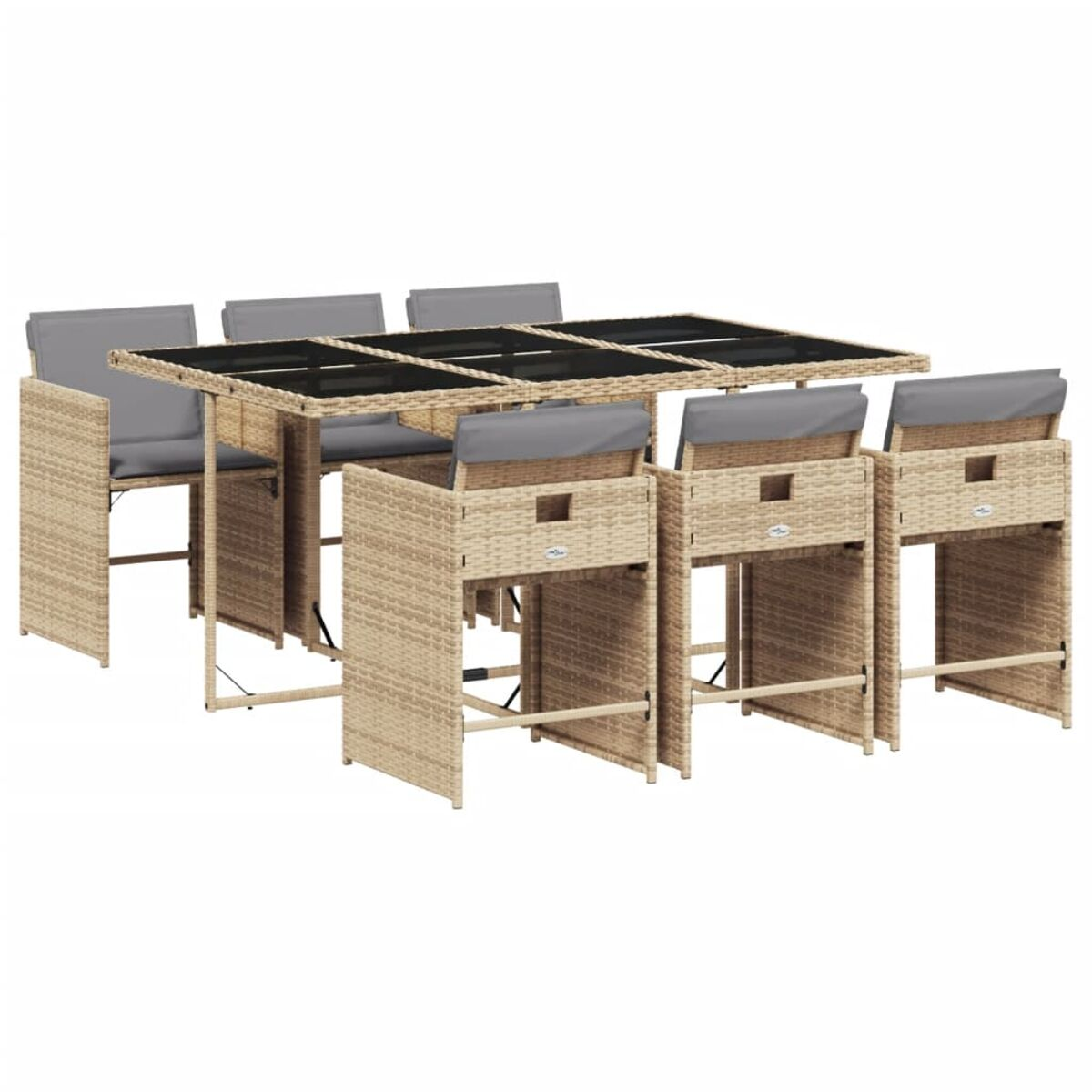 Set da bar in rattan beige con tavolo e otto sedie, cuscini grigi, su sfondo bianco.