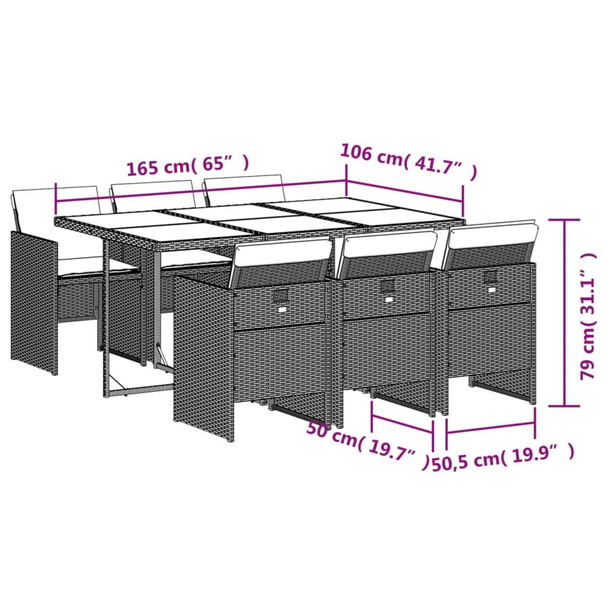 Essgruppe für den Außenbereich. Ein langer Tisch mit sechs Stühlen. Stühle und Tisch sind aus gewebtem Material gefertigt.