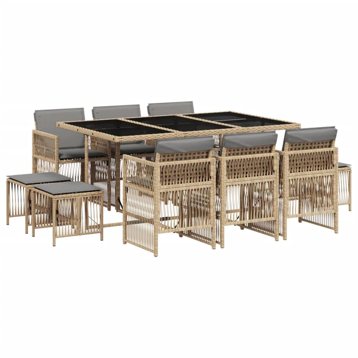 Set da pranzo da esterno con un tavolo lungo e 8 sedie con cuscini grigi. Design in vimini, colore marrone chiaro.