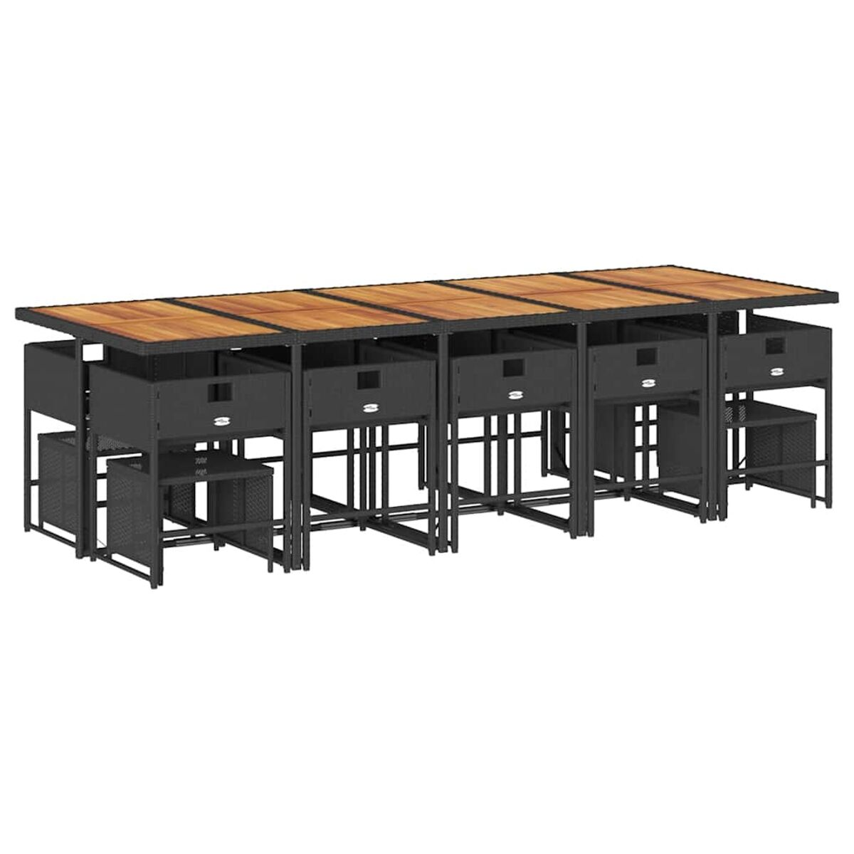 Set da pranzo per esterni con tavolo e sedie. Il tavolo ha un piano in legno e cassetti.