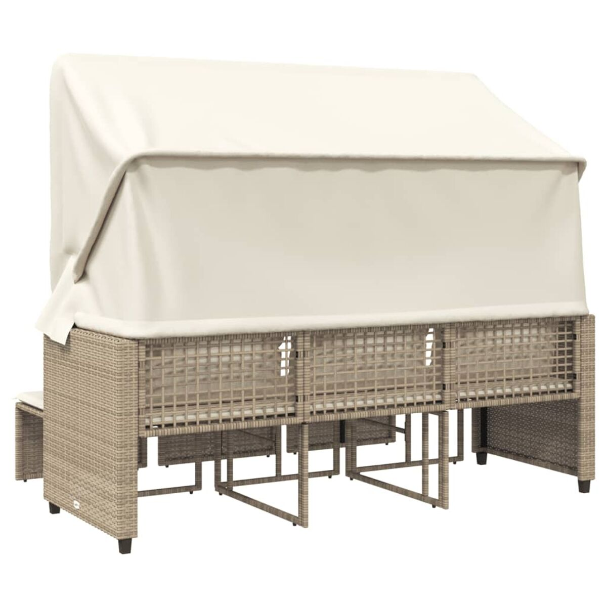 Set da esterno in rattan con copertura. La copertura beige protegge i mobili. Il set è di colore marrone chiaro.