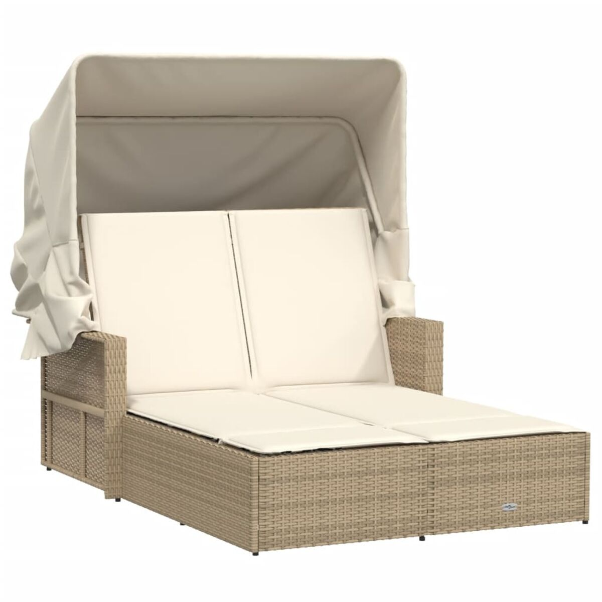 Doppelte Chaiselongue mit Baldachin. Hellbraunes Weidengeflecht mit cremefarbenen Kissen und Baldachin.