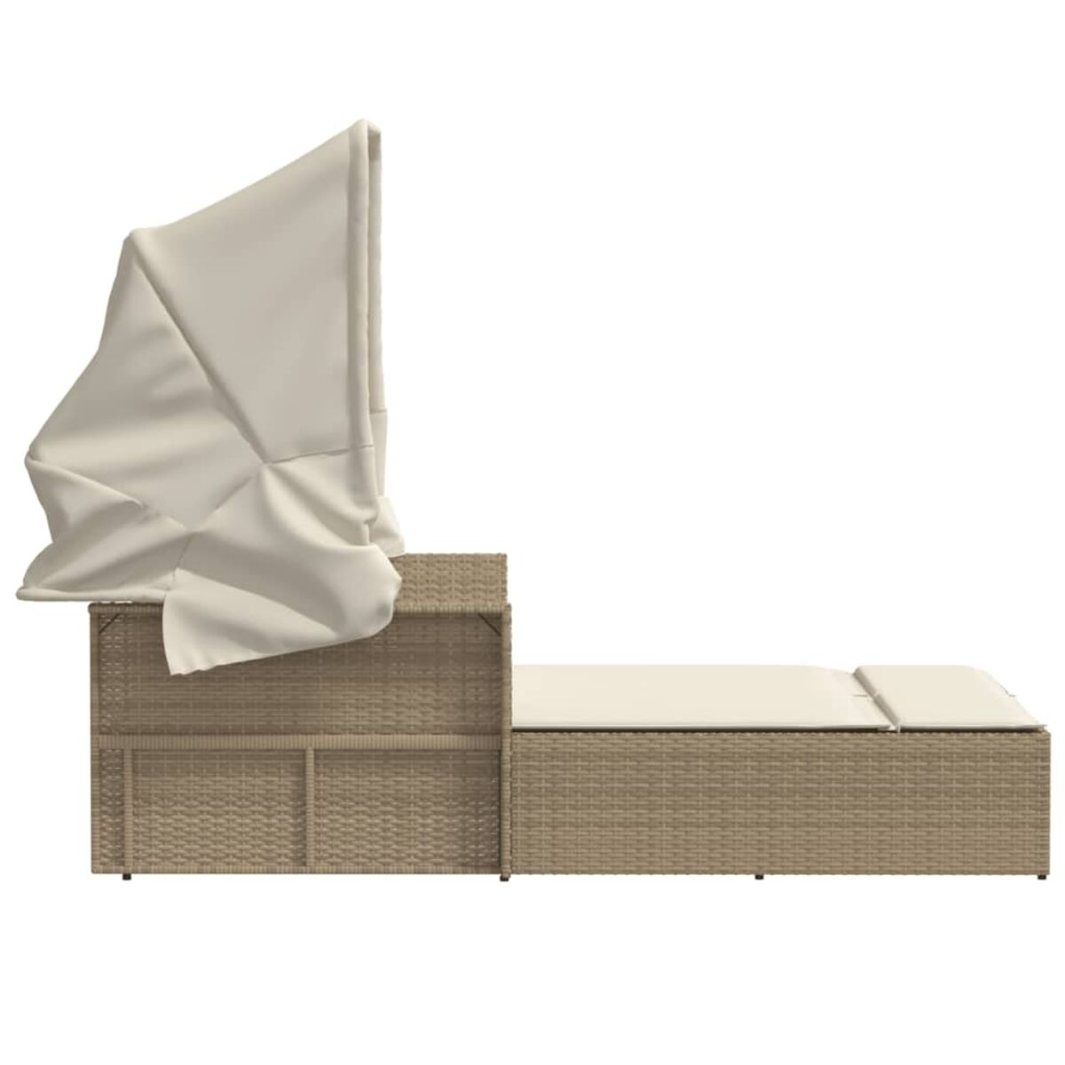 Beige Chaiselongue mit Baldachin. Auf weißem Hintergrund. Korbgewebe-Rahmen.