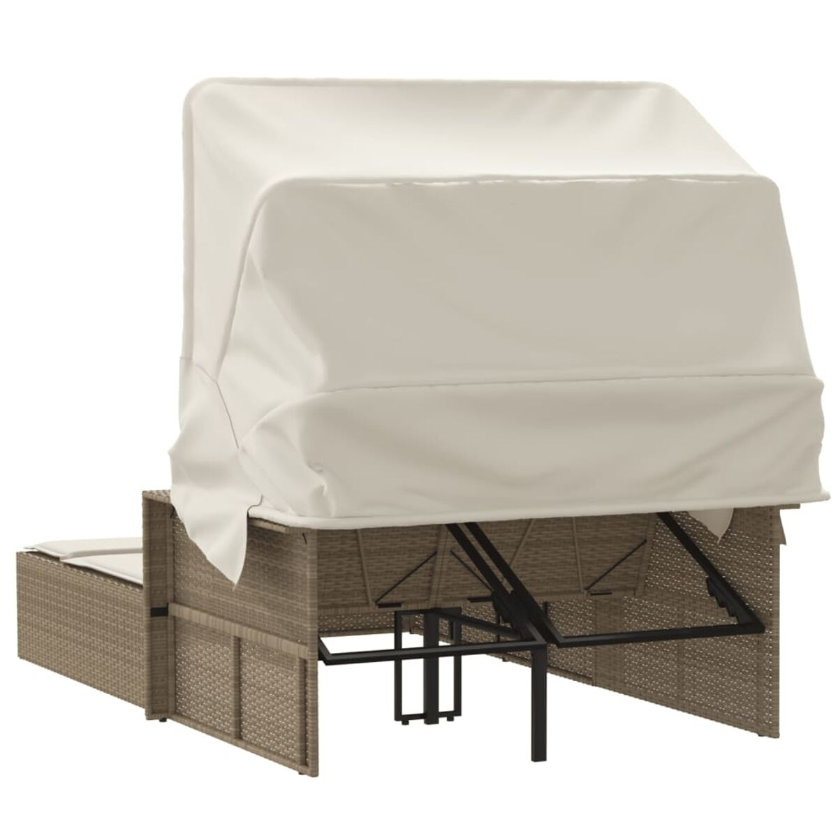 Ein braunes Outdoor-Sofa aus Korbgeflecht mit weißem Baldachin. Das Sofa steht auf einer Terrasse.