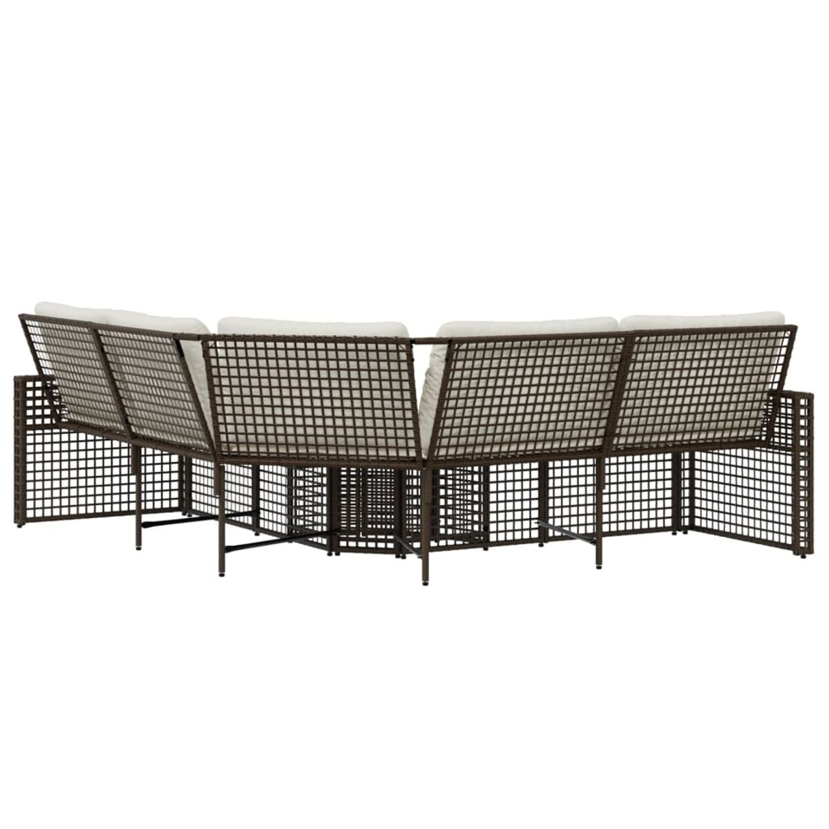 Outdoor-Ecksofa mit cremefarbenen Kissen und gewebtem Design, von hinten betrachtet.