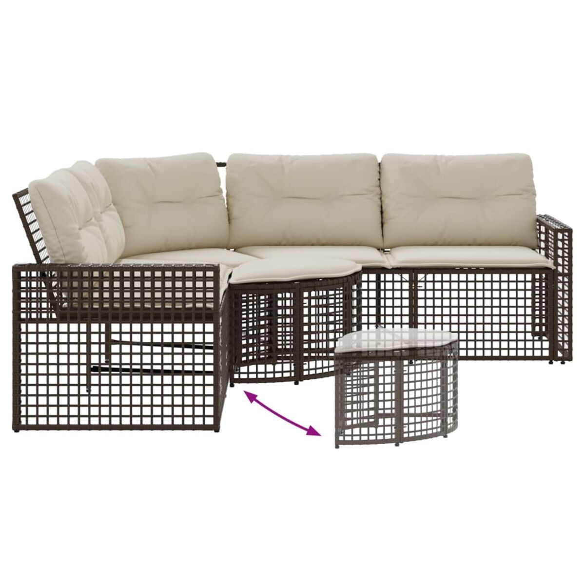 Braunes, gewebtes Outdoor-Ecksofa mit weißen Kissen. Der Hintergrund ist weiß.