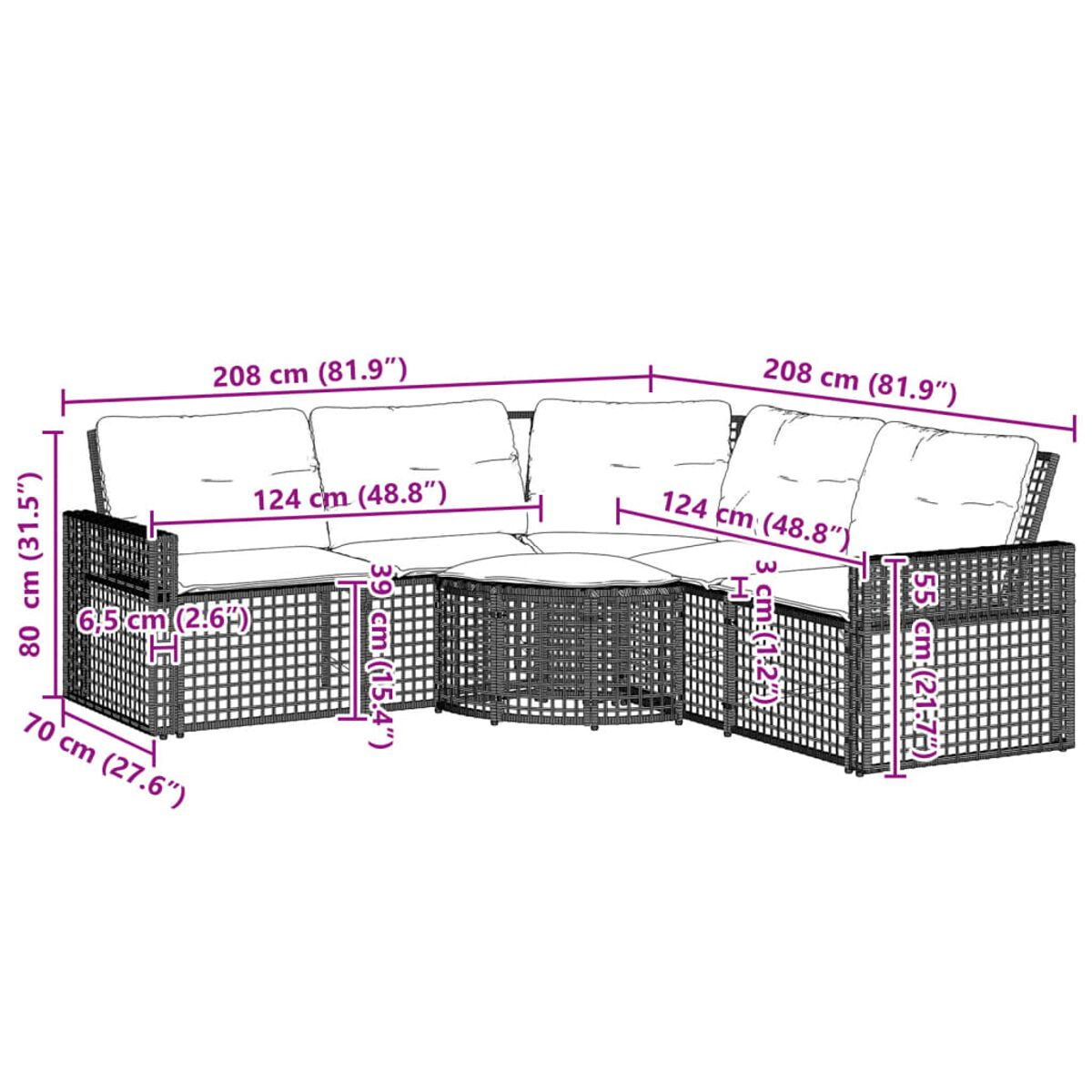 Diagramm eines Outdoor-Ecksofas mit Abmessungen.