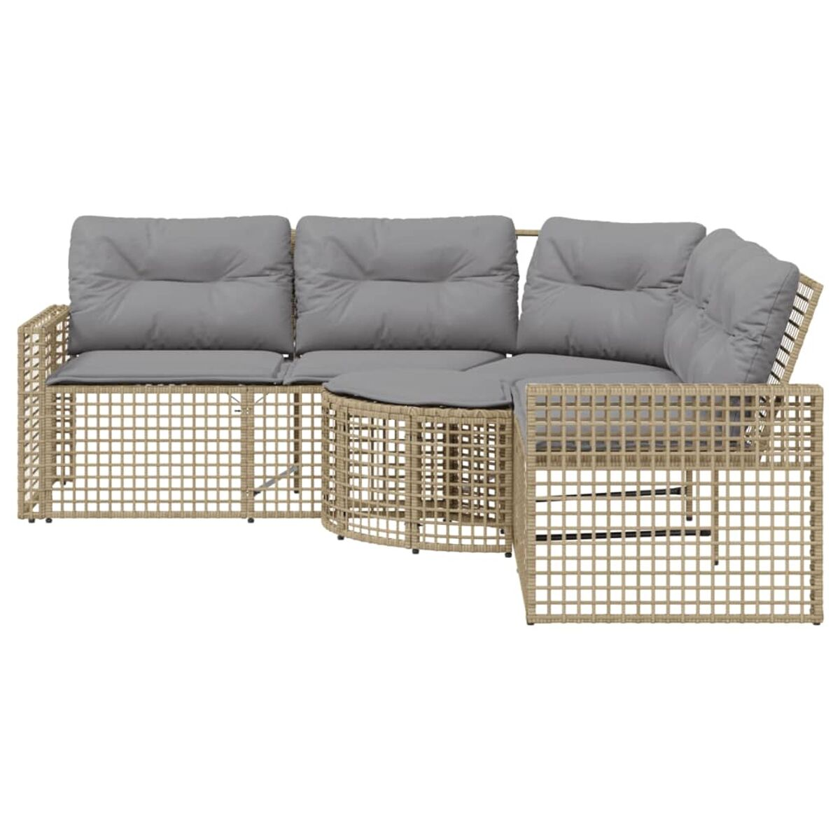 Divano componibile in tessuto beige con cuscini grigi. Forma a L, ambiente esterno.