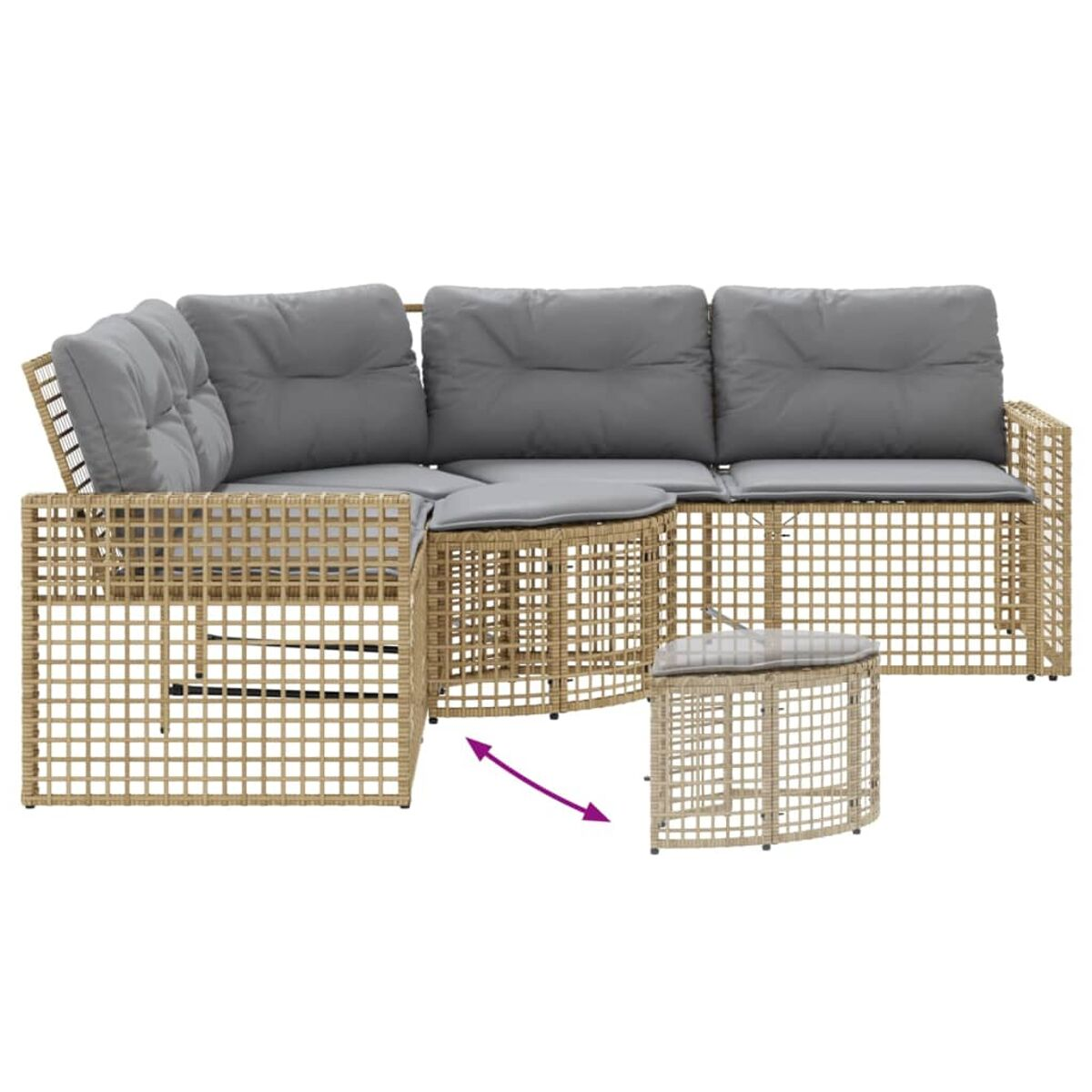 Divano componibile in rattan con un piccolo pouf.