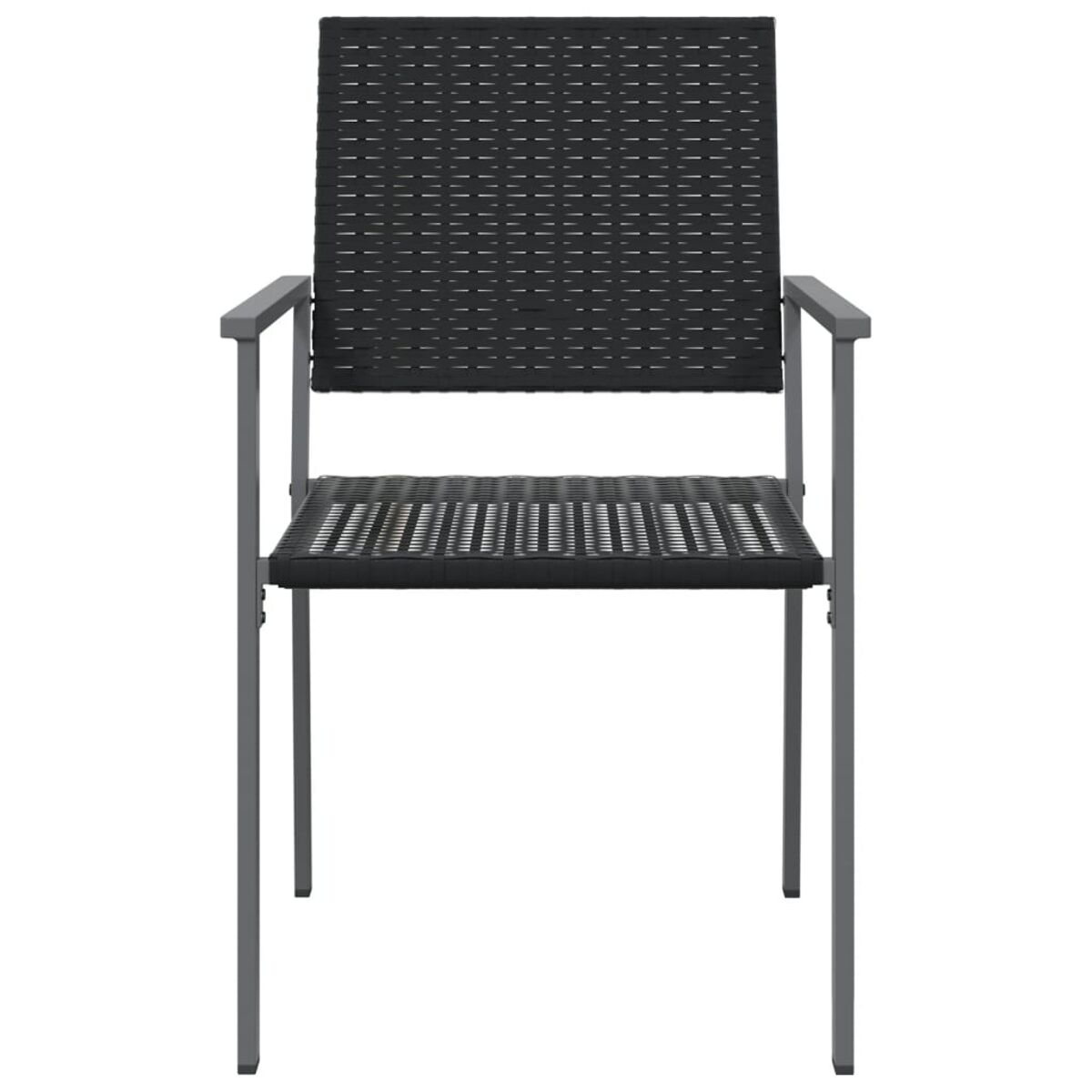 Schwarzer Stuhl mit gewebtem Sitz und Rückenlehne sowie grauen Metallbeinen, von vorne gesehen.