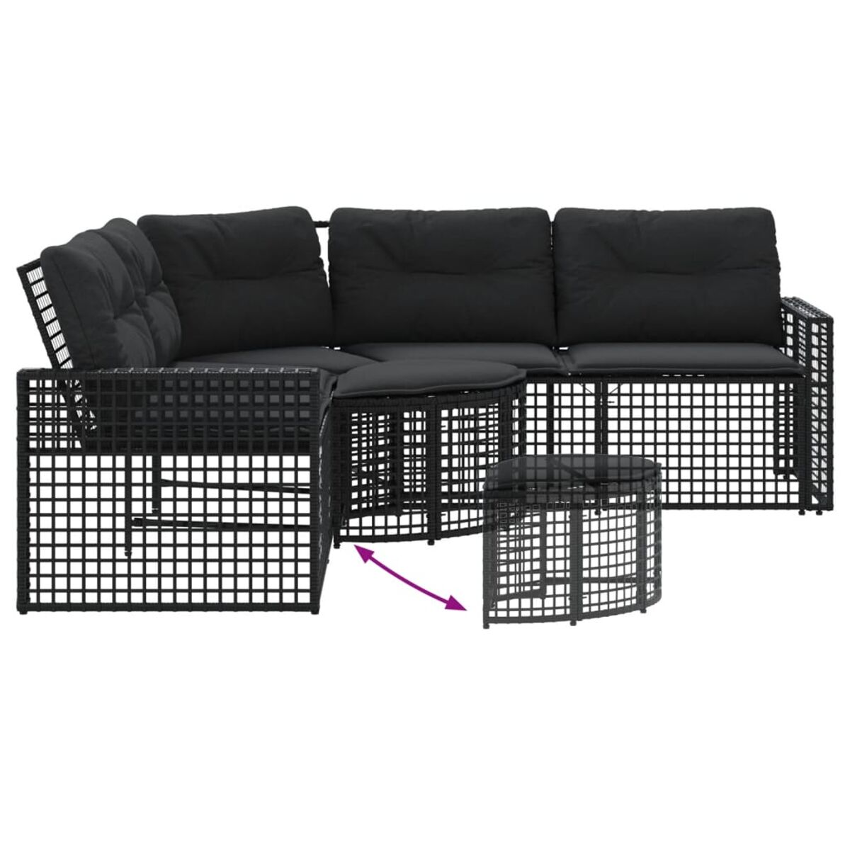 Divano componibile da esterno in metallo nero con pouf coordinato.