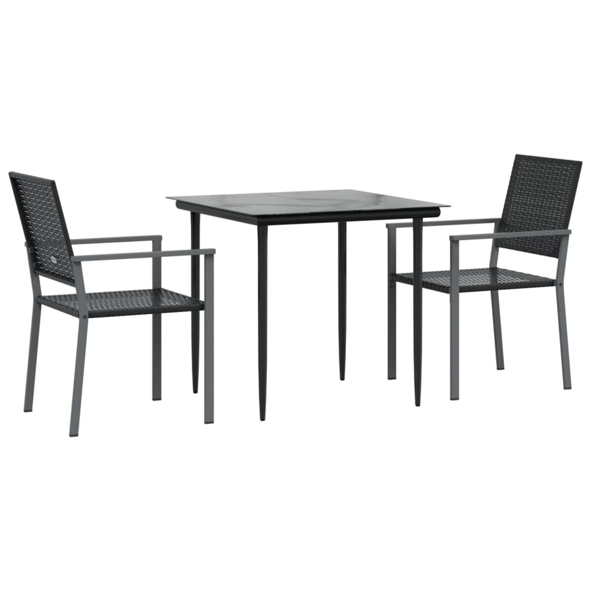 Ein kleiner quadratischer Tisch mit zwei Stühlen. Die Stühle und der Tisch sind dunkelgrau. Weißer Hintergrund.