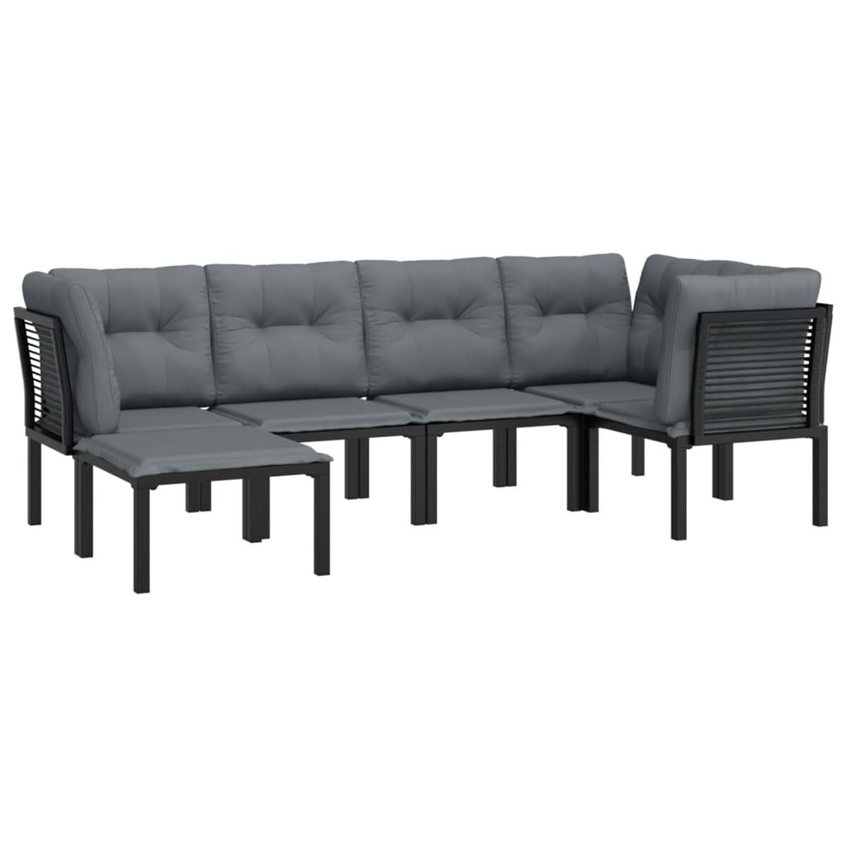 Graues Outdoor-Ecksofa mit Kissen. Modernes Design, dunkles Gestell.