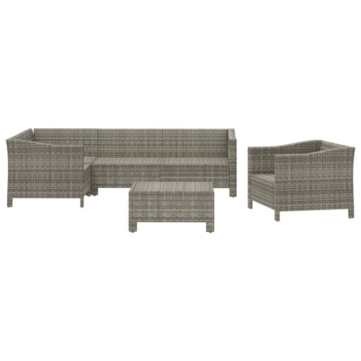 Graues Korbmöbel-Set für draußen. Sofa, Stühle und ein kleiner Tisch. Weißer Hintergrund.