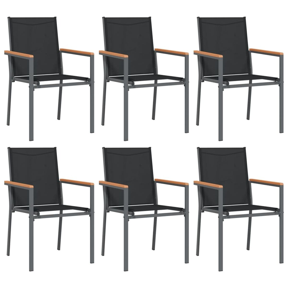 Sechs schwarze Stühle mit Holzarmlehnen, in einer Reihe angeordnet, alle auf weißem Grund.