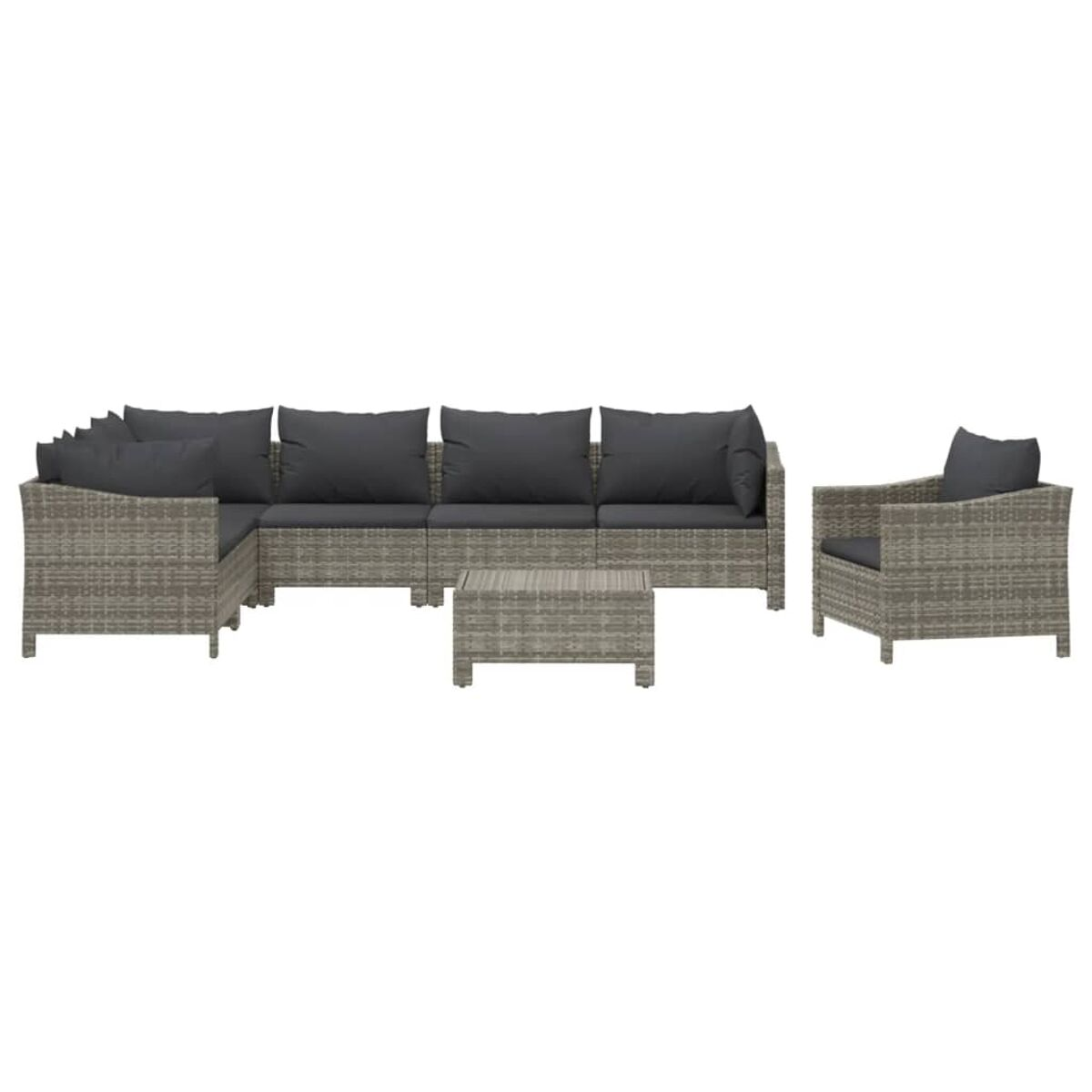 Outdoor-Ecksofa-Set. Graues, gewebtes Material mit Kissen und einem Couchtisch. Das Set steht auf weißem Boden.