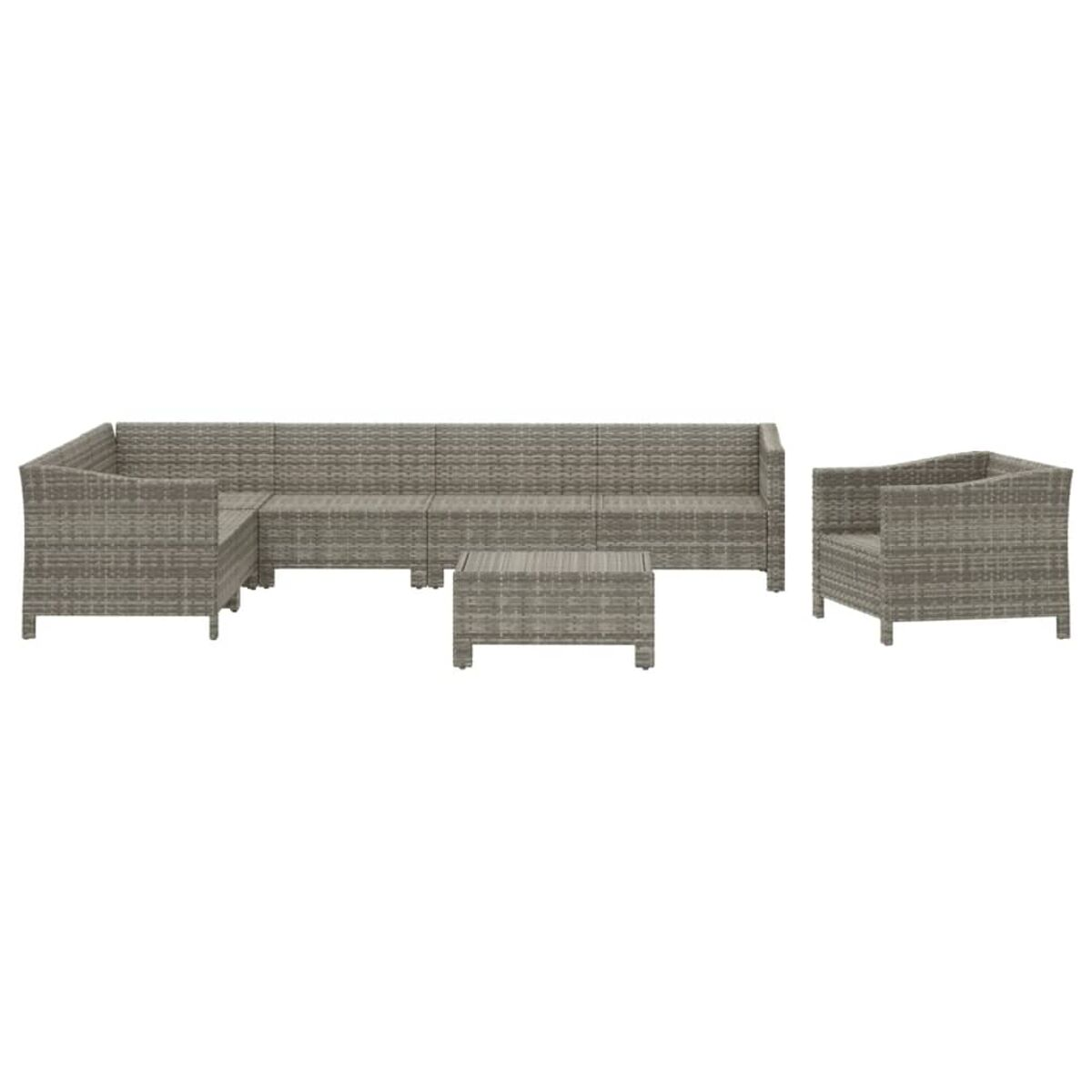 Gartenmöbelset: Ecksofa, Couchtisch und Sessel aus grauem Rattan.