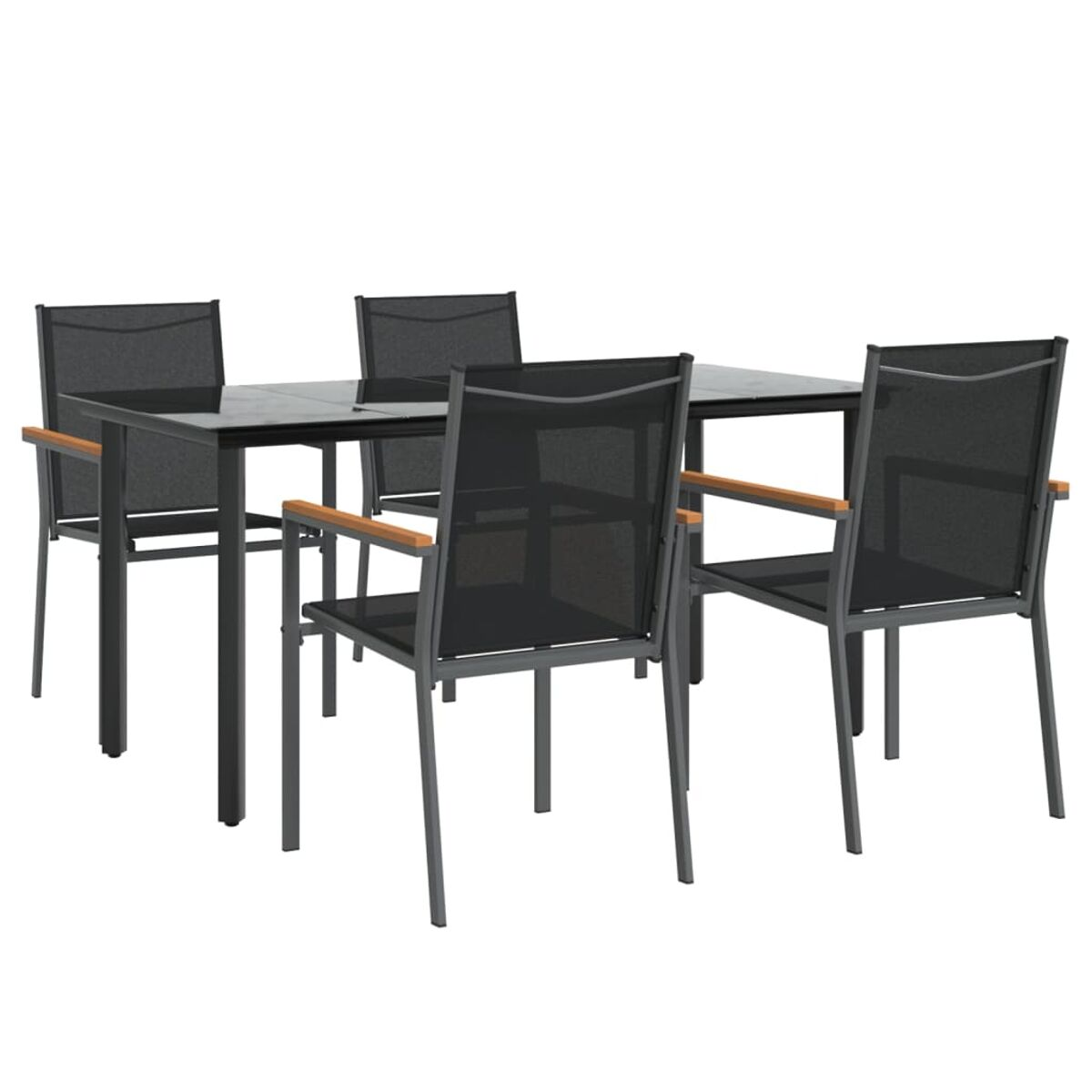 Garten-Essgruppe mit schwarzen Netzstühlen und einem Tisch mit Holzarmlehnen.
