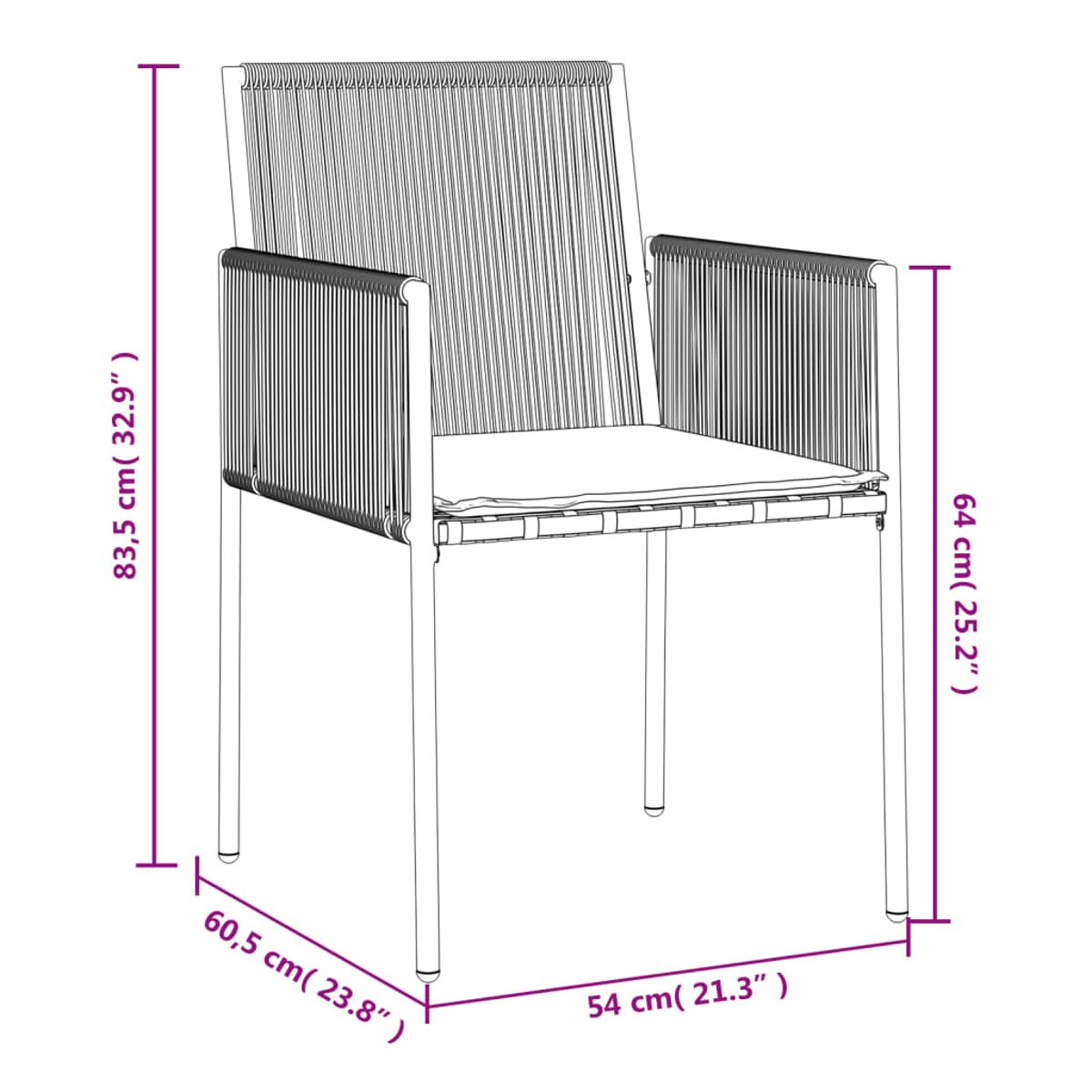 Diagramm eines Stuhls mit Maßen in Zentimetern.