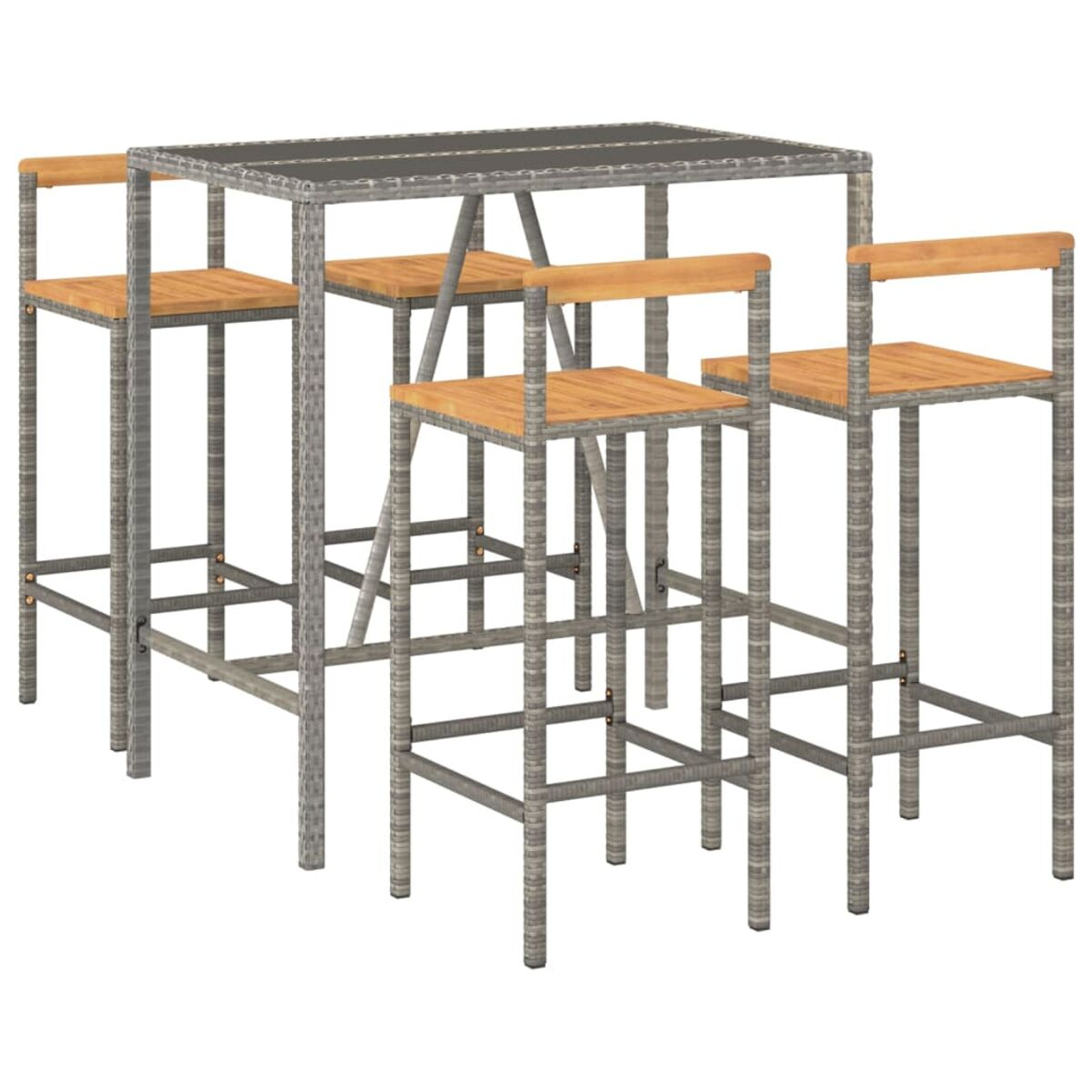 Garten-Bar-Set mit Tisch und Hockern. Der Tisch und die Hocker haben Holzplatten.