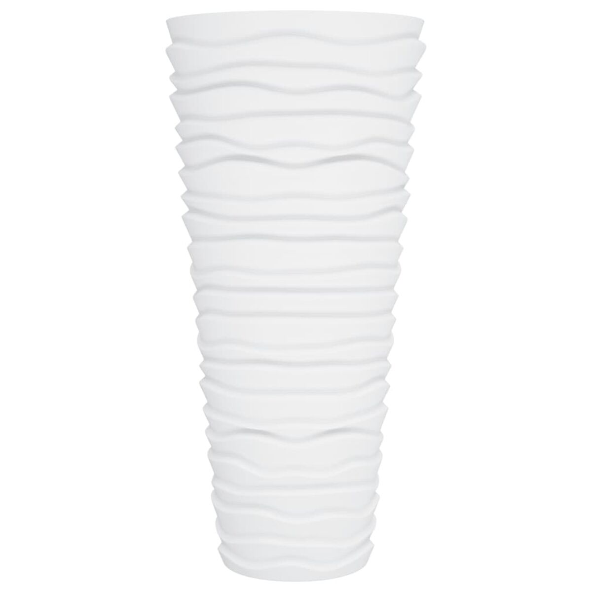 Weiße, wellenförmige Vase. Hohe, zylindrische Form mit strukturiertem, geschichtetem Design.