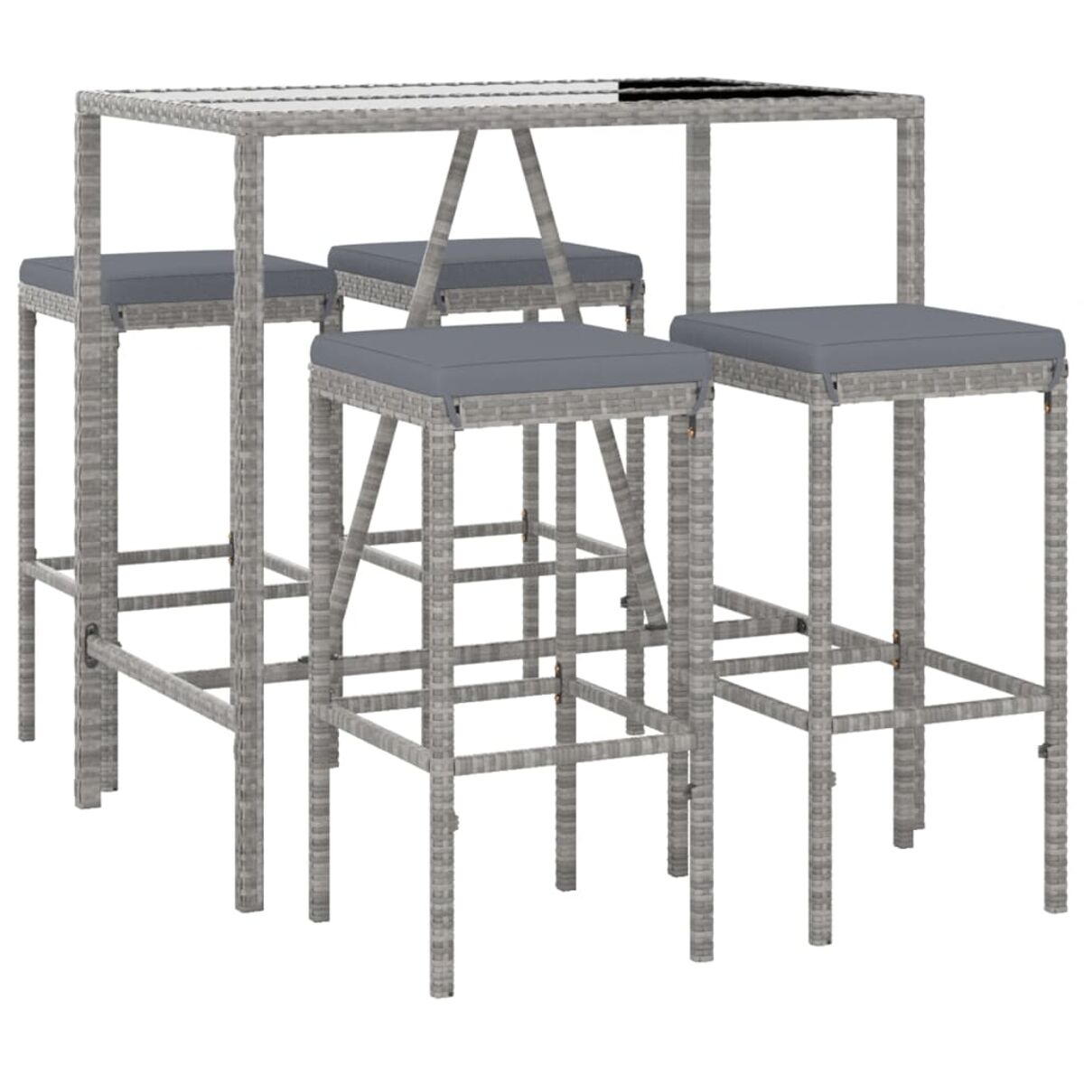 Graues Barset aus Korbgeflecht mit Tisch und Hockern. Tisch hat eine Glasplatte.