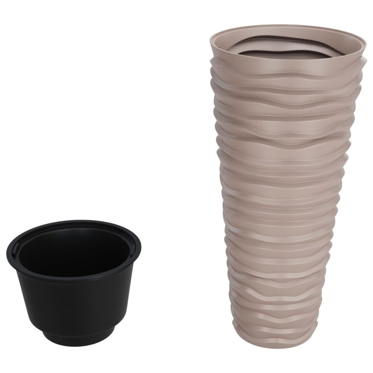 Zwei Töpfe. Einer ist schwarz, der andere beige mit Wellendesign.