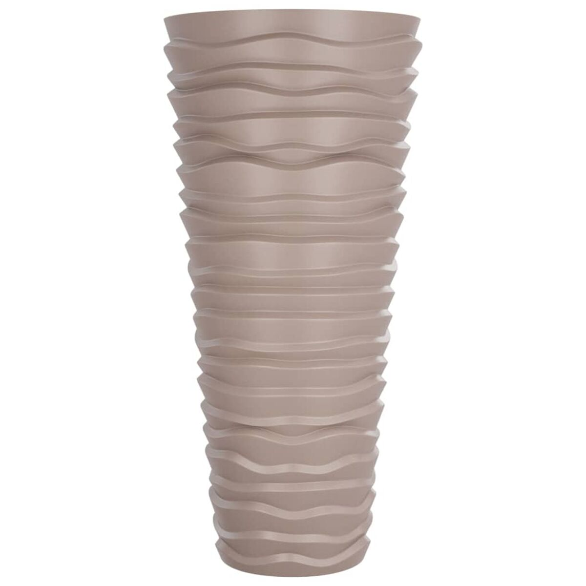 Beige Vase mit welliger, strukturierter Oberfläche.