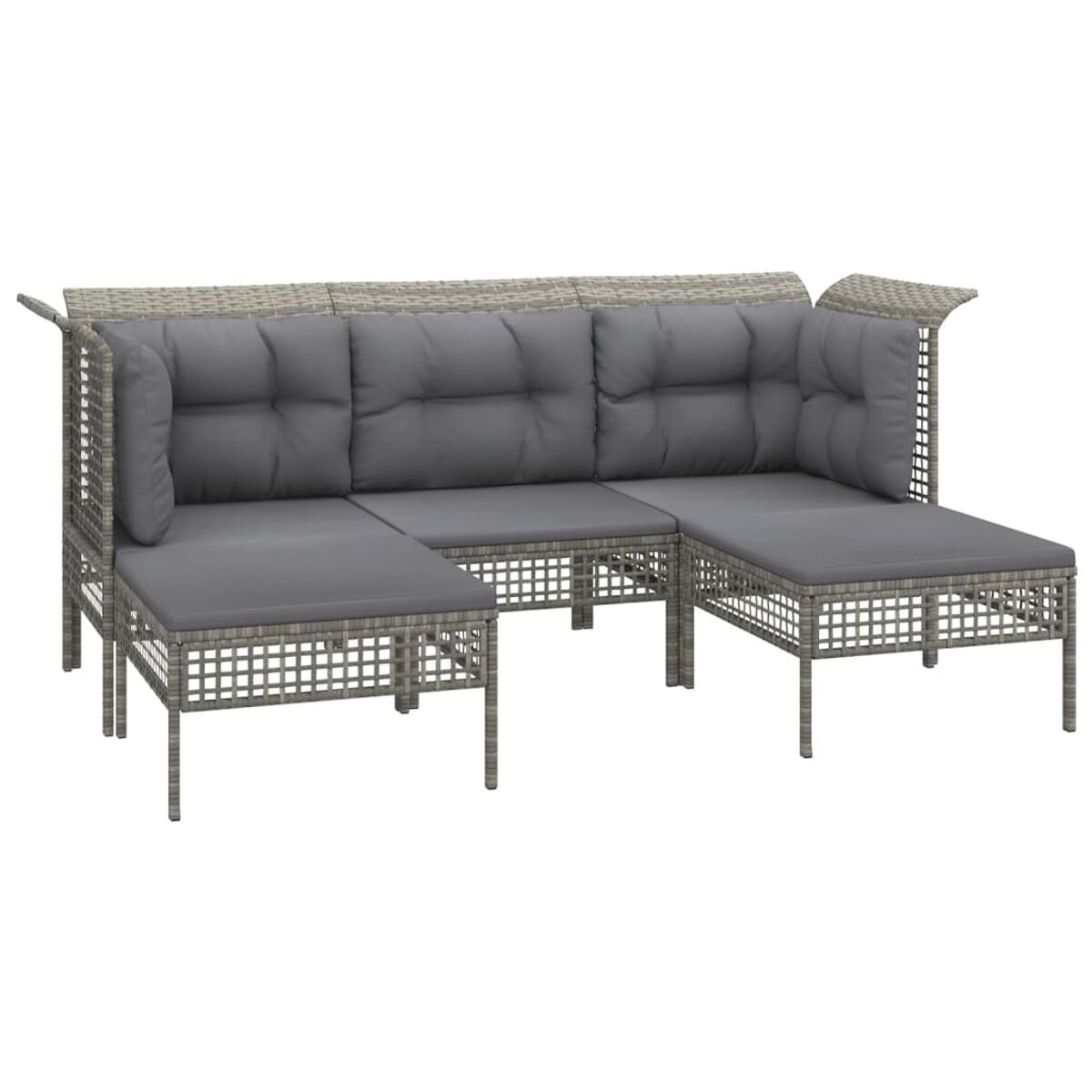 Outdoor-Ecksofa mit grauen Kissen. Das Sofa steht auf weißem Hintergrund.