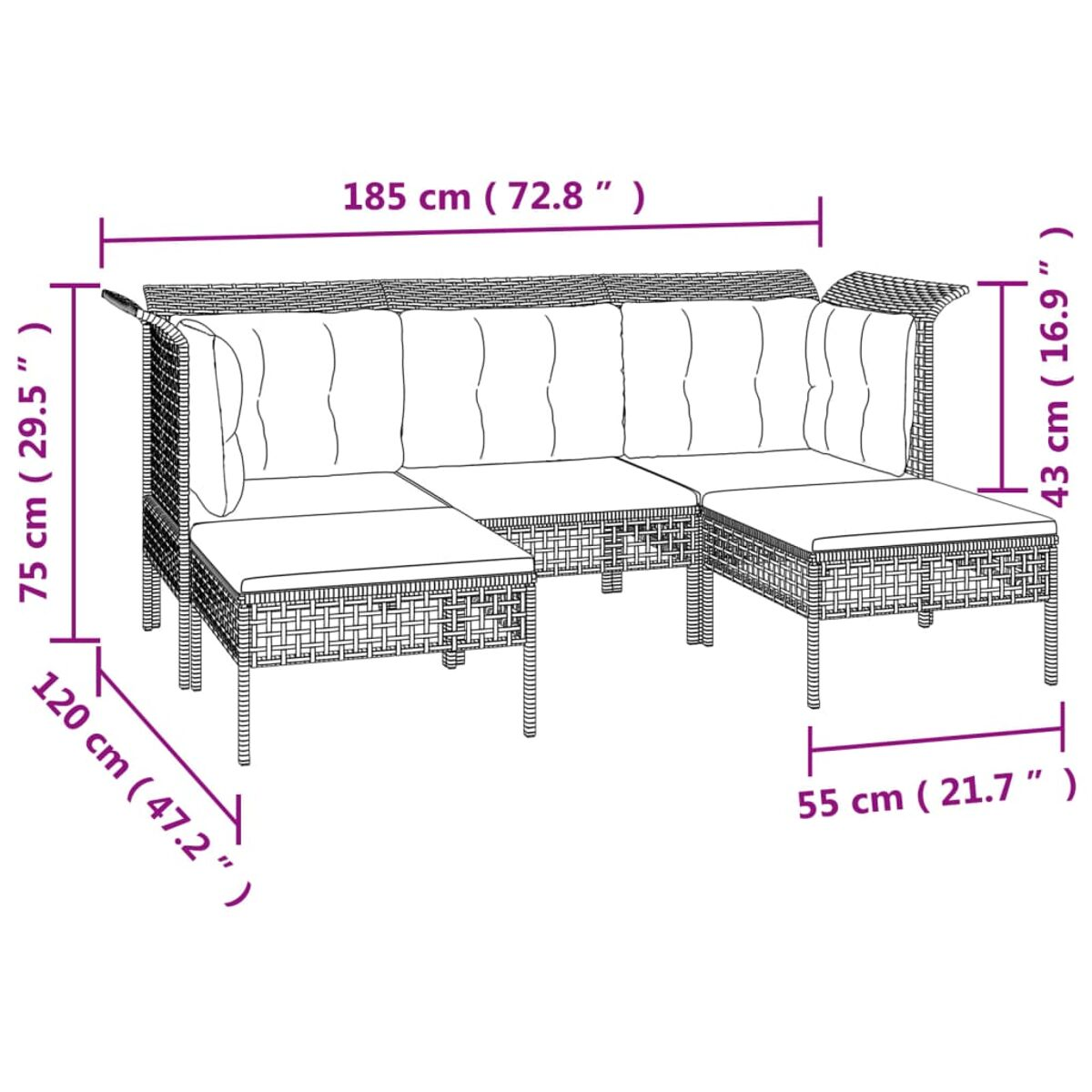 Diagramm eines Korbmöbelsofas mit Abmessungen in Zentimetern, Länge, Breite und Höhe.